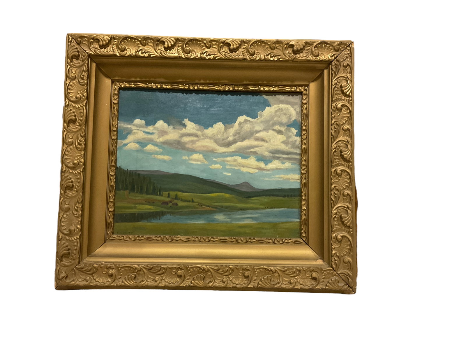 Landscape with Lake 25 1/2 x 30 in. (64.8 x 76.2 cm.): Landscape with Lake Oil on board. Signed (illegible) lower left. 25 1/2 x 30 in. (64.8 x 76.2 cm.)