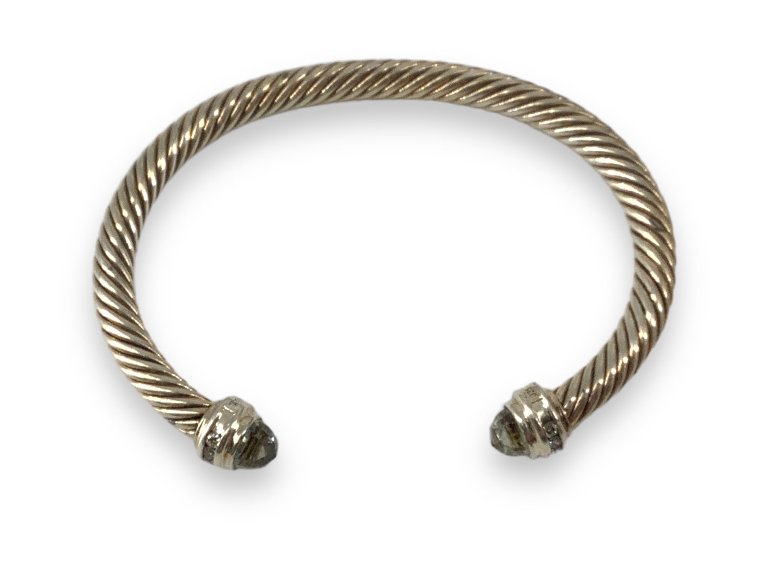David Yurman Sterling Silver and 14kt Gold Cuff with Faceted Stones and Diamonds: David Yurman Sterling Silver and 14kt Gold Cuff with Faceted Stones and Diamonds Prasiolite end stones (5.5mm) accented by smaller melee size diamond accent stones, stamped and tested sterling silver/