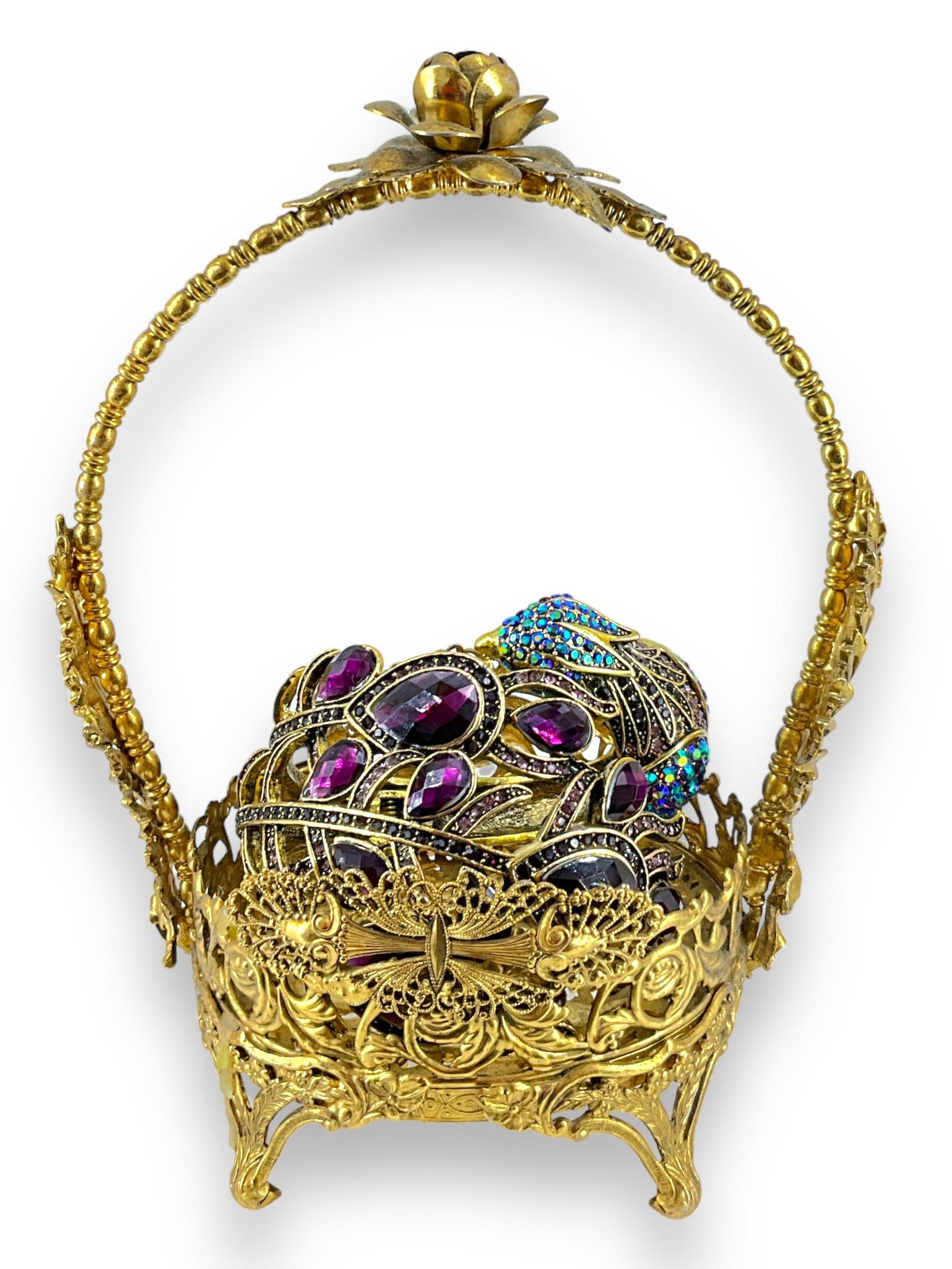 Vintage Metal Filigree Basket and Peacock Bracelet: Vintage Metal Filigree Basket and Peacock Bracelet Basket is made of a brass-type metal, is 7î tall and has a decorative flower top with diamantÈ crystal sides. Also included is a peacock th