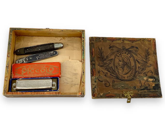 Old Cigar Box, Harmonica And Pocket Knives