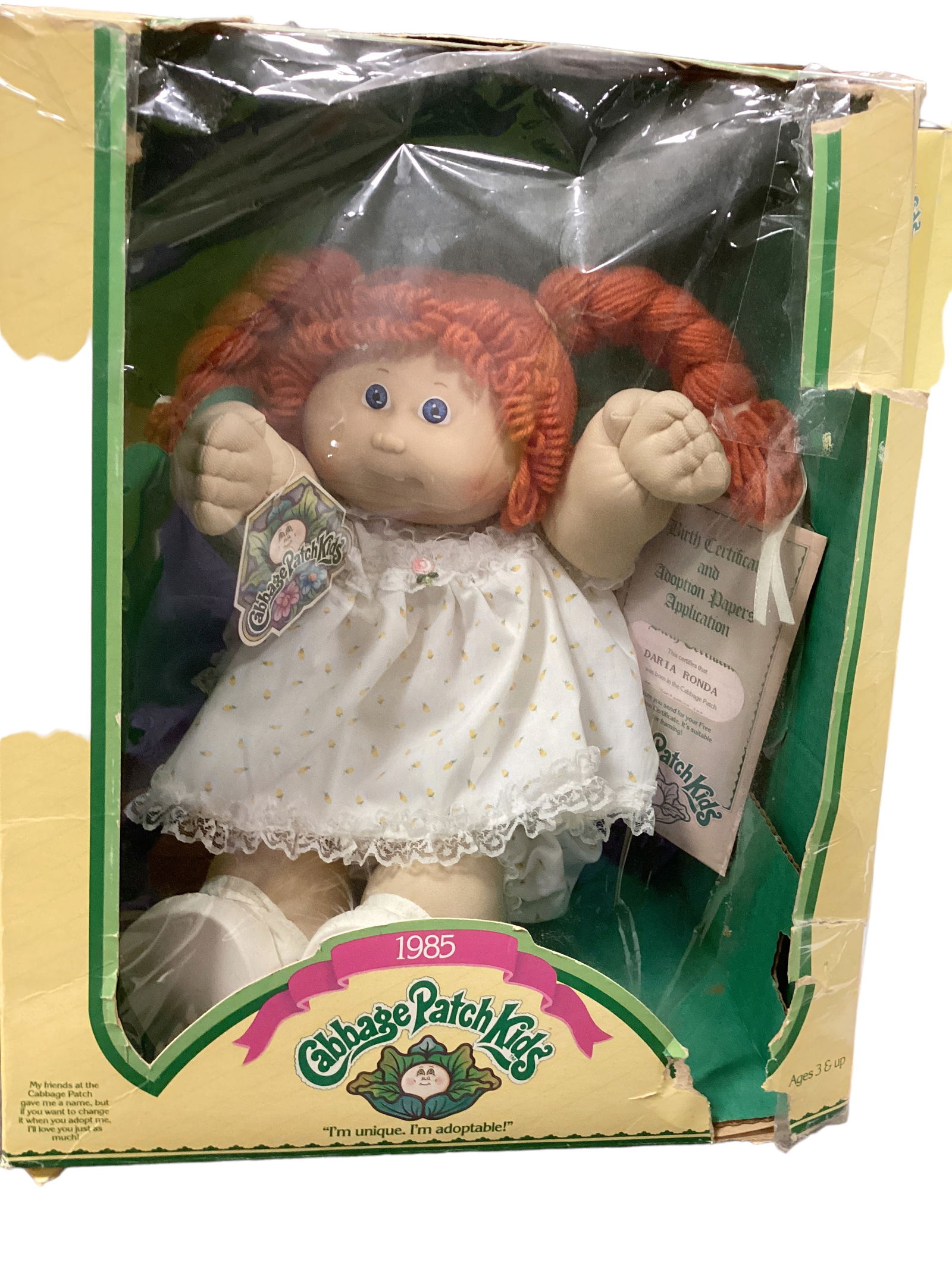 1985 Cabbage Patch Kid, Tagged OK Factory: 1985 Cabbage Patch Kid, Tagged OK FactoryDaria Rhonda was made by Appalachian Artworks for Coleco. She has stamped signature, birth certificate, original box in poor shape.