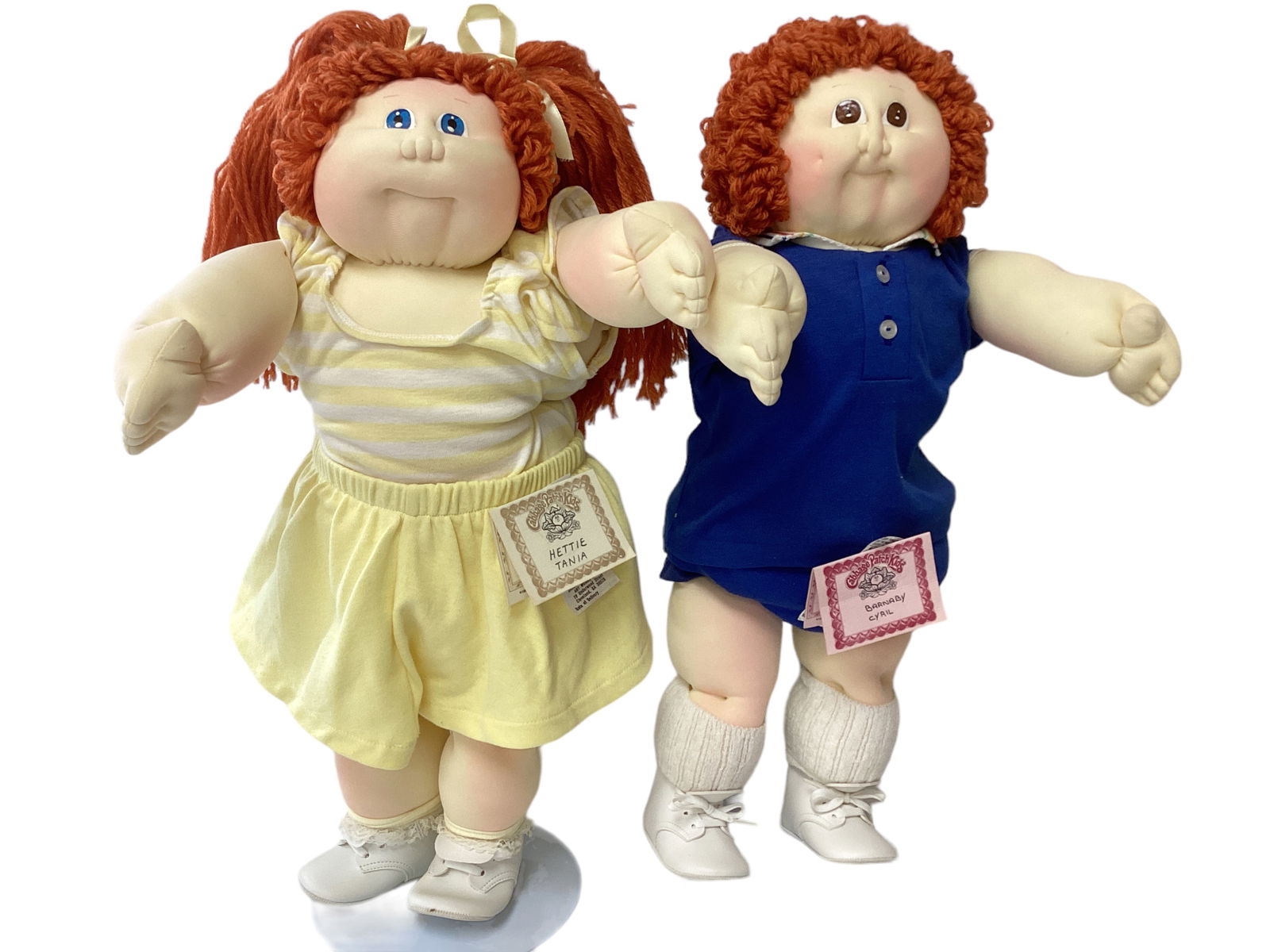 1984, 1985 Original Soft Sculpture Cabbage Patch Kids: 1984, 1985 Original Soft Sculpture Cabbage Patch Kids1985 Barnaby Cyril has name tag, stamped signature, side tag. No other paperwork. Outfit by Play Pals.1984 Nettie Tania has name tag, side tag, sta