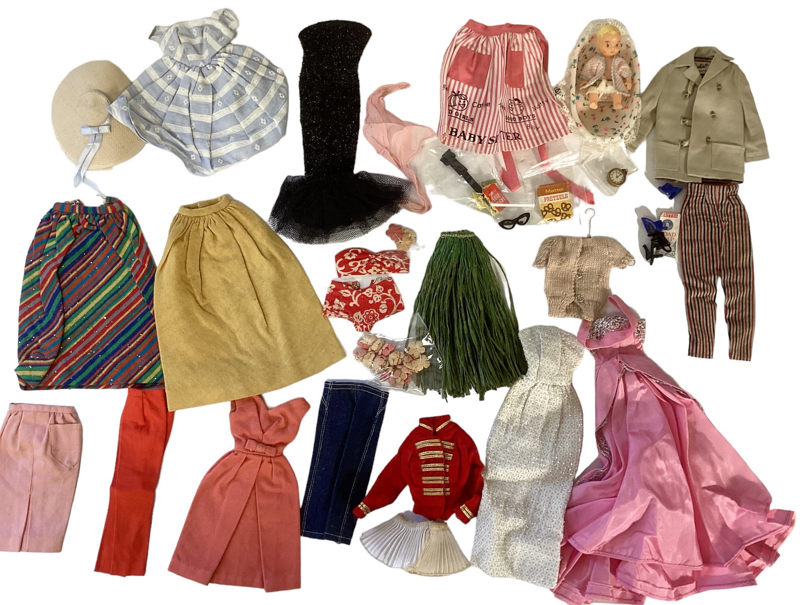 Barbie Clothes: Barbie Clothes Some threads loose on white/ silver gown, small marks on back of pink skirt, solo spotlight dress missing flower, scarf has spot, beige sweater has small holes.
