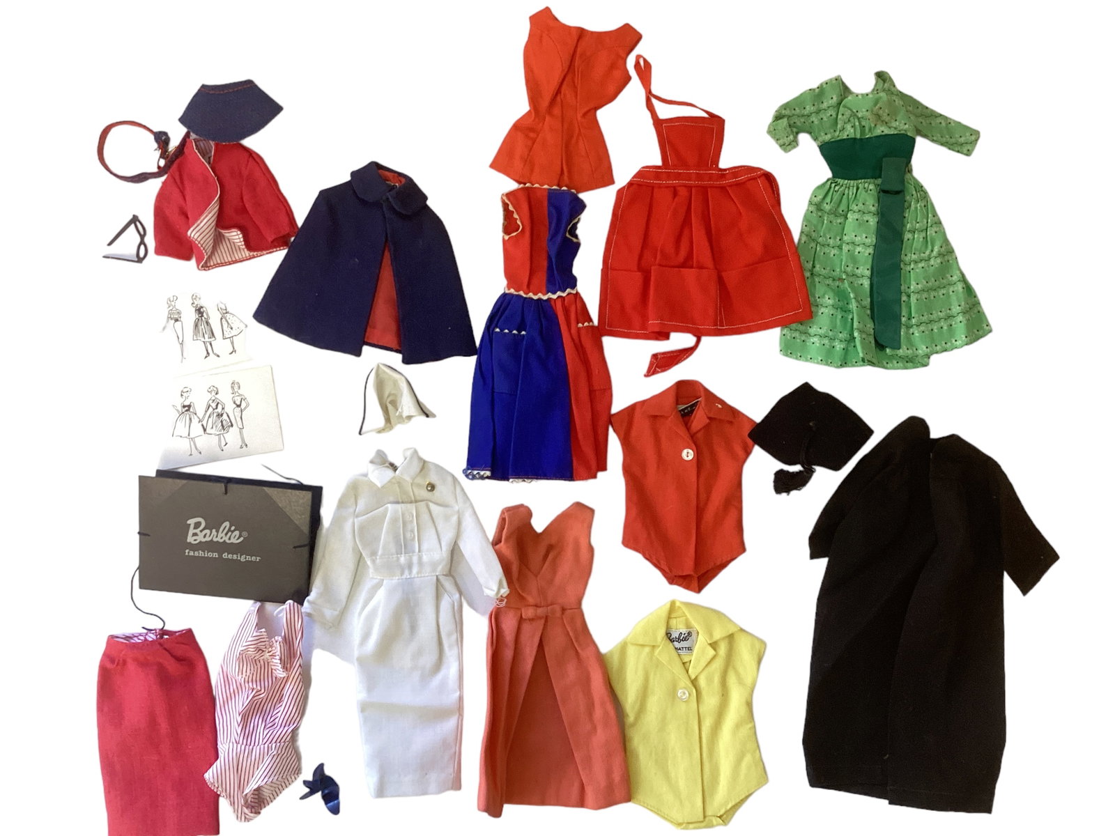Barbie Single Clothing Items, Busy Gal Repro Set: Barbie Single Clothing Items, Busy Gal Repro Set Tip of shoe heels on Repro set cut. Green dress has stain on front.