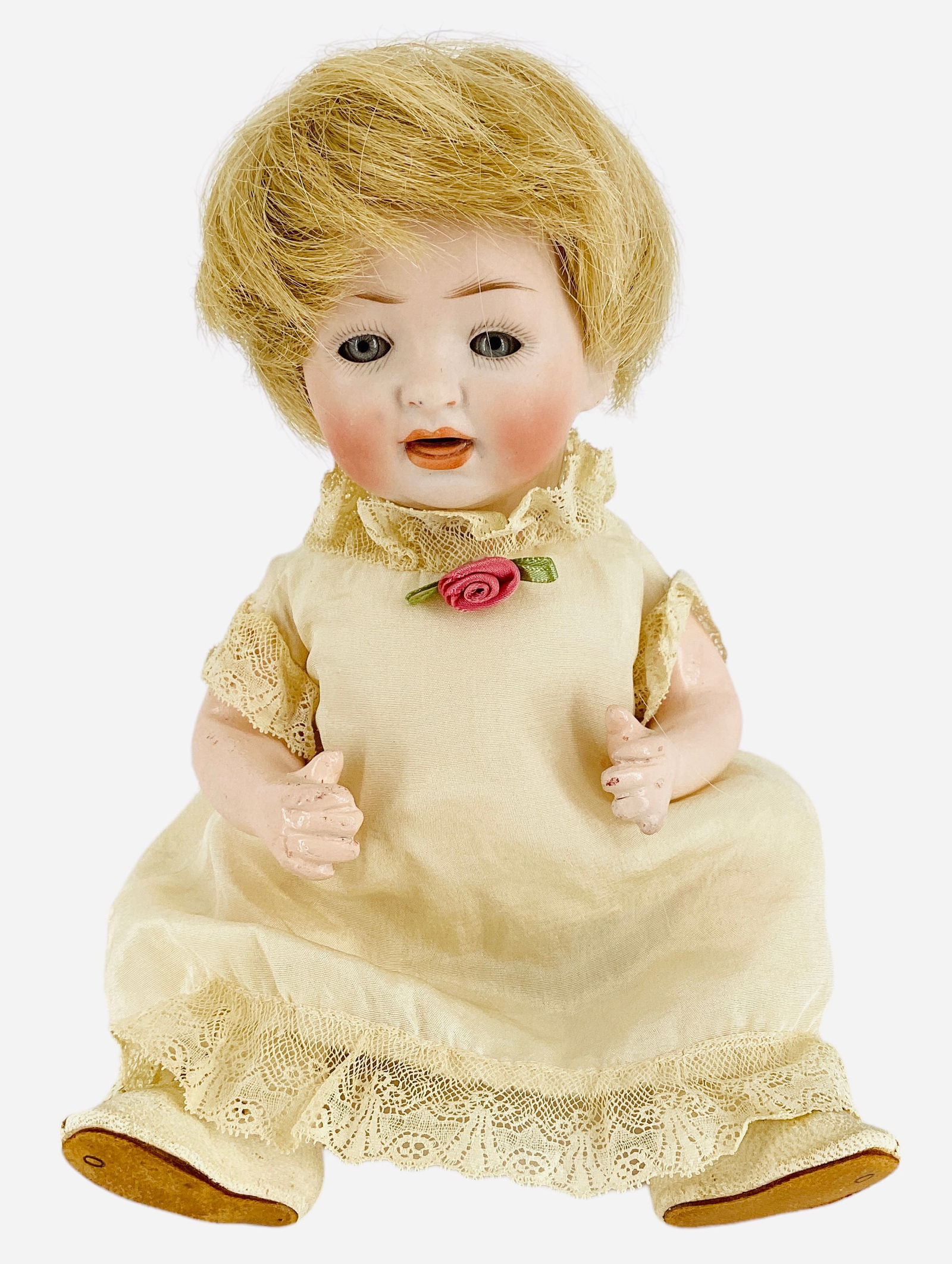 Hertel, Schwab & Co. 152 bisque socket head character baby.: Hertel, Schwab & Co. 152 bisque socket head character baby. 9" doll with replaced human hair wig, glass sleep eyes, open mouth with teeth, on five-piece composition bent limb baby body. Bisque is good