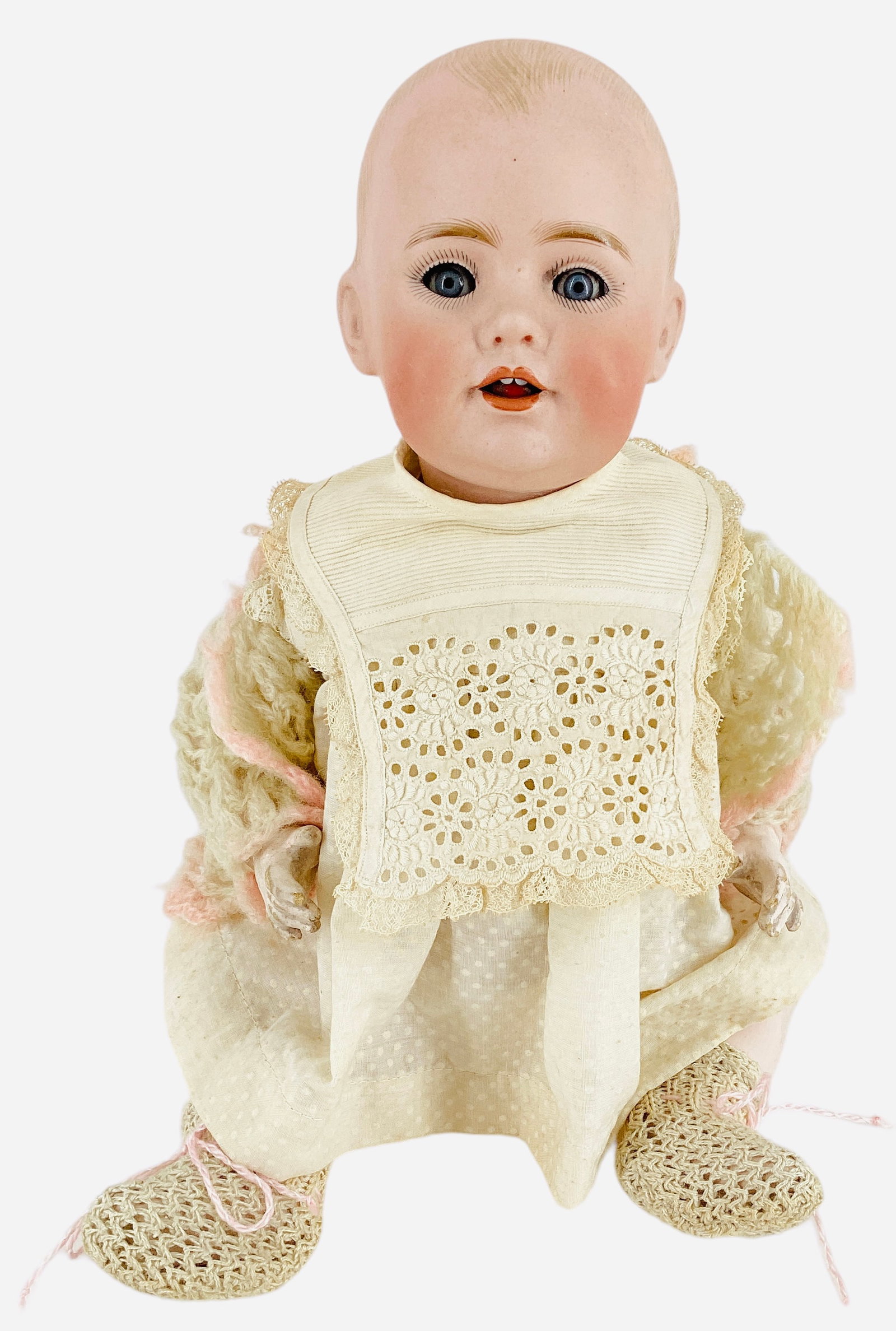 Kestner J.D.K. bisque socket head "Hilda" baby.: Kestner J.D.K. bisque socket head "Hilda" baby. 15 1/2" doll with solid dome head, painted hair, glass sleep eyes, open mouth with teeth, on five-piece composition bent limb baby body. Prominent mold