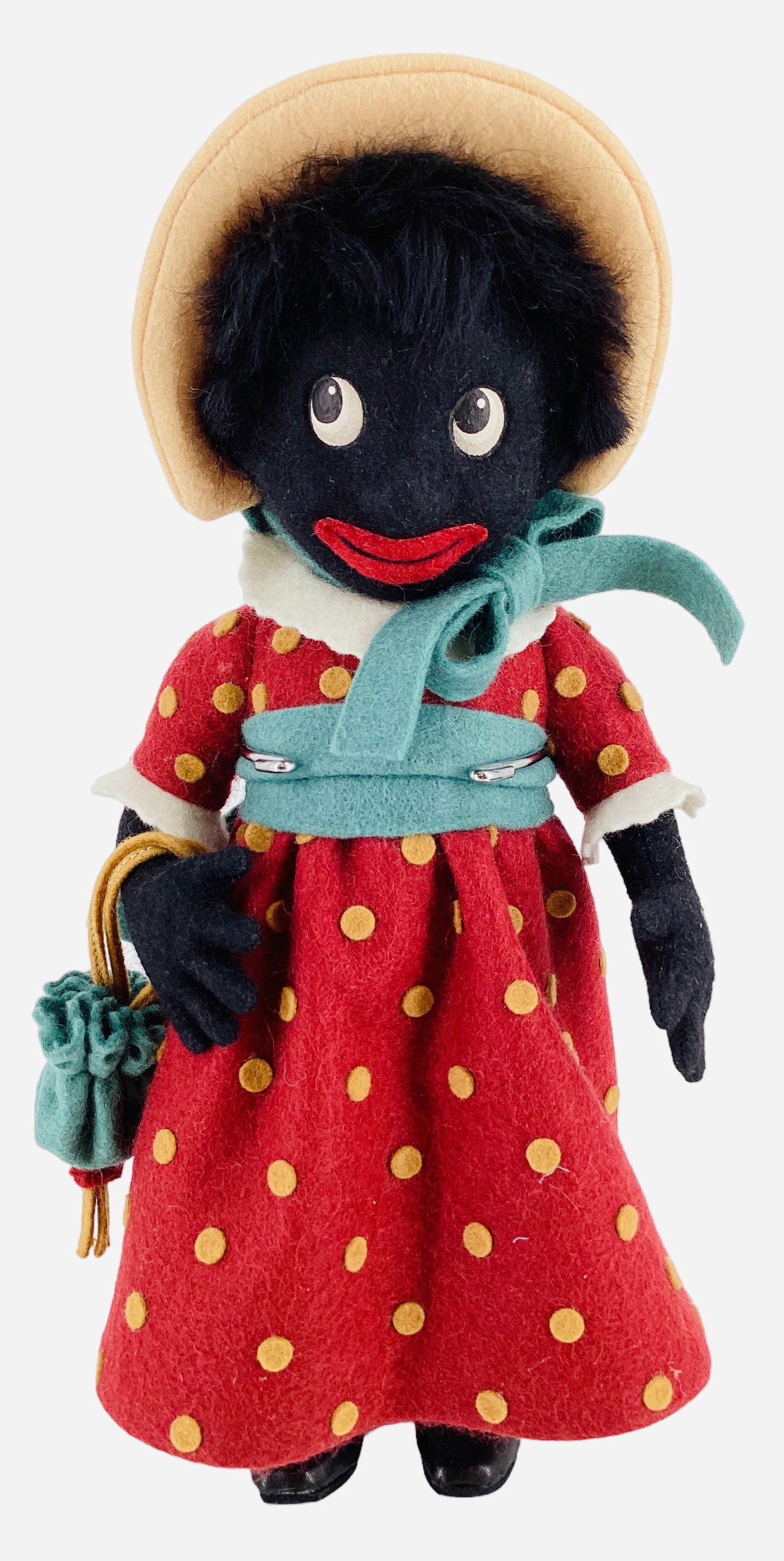R. John Wright "Miss Golli".: R. John Wright "Miss Golli". 10 1/2" all wool felt doll made as the second Annual Club Exclusive. Golli Girl has a mohair wig, molded and painted facial features, disk jointed body. Doll is dressed in