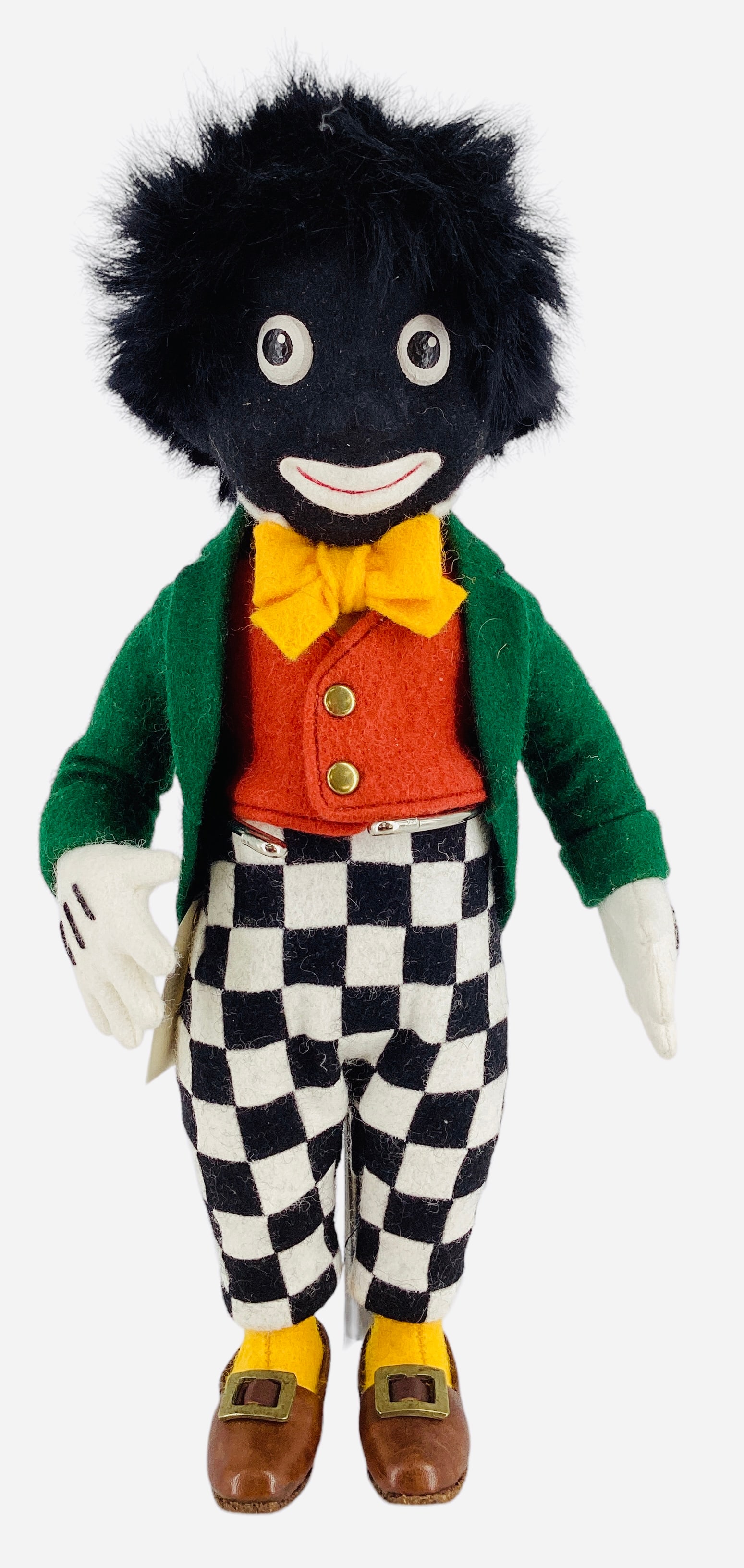 R. John Wright "Golliwogg".: R. John Wright "Golliwogg". 10 1/2" all wool felt doll made as the Premiere Club Exclusive (1996). Doll has molded and painted facial features, mohair wig, on disk jointed body, dressed in wool felt c