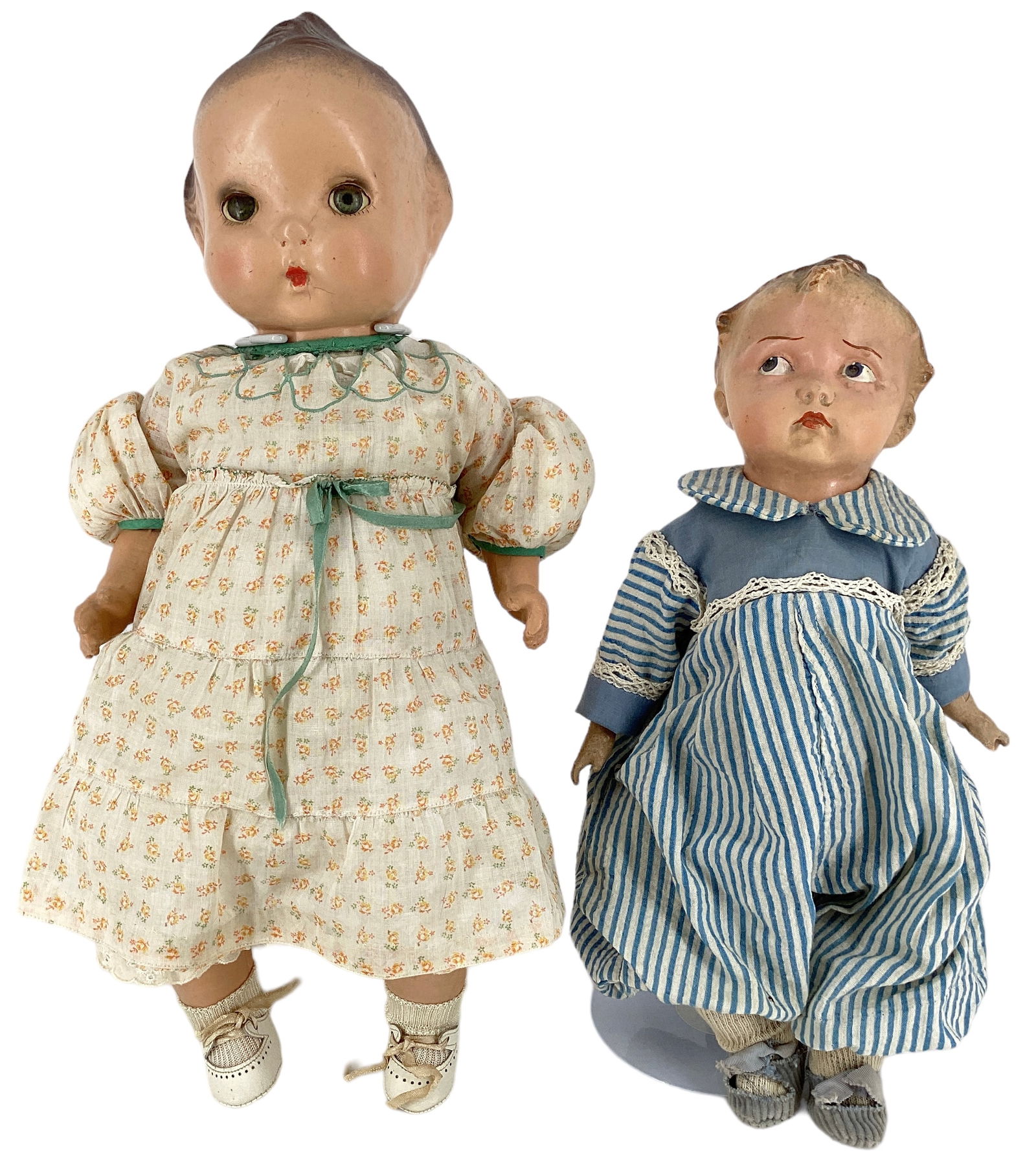 (2) Vintage Composition flange head Character babies.: (2) Vintage Composition flange head Character babies. Includes 14" Effanbee "Baby Grumpy" and 18" Horsman "Sister". Both dolls have cloth torsos with composition arms and legs. Grumpy's head has molde