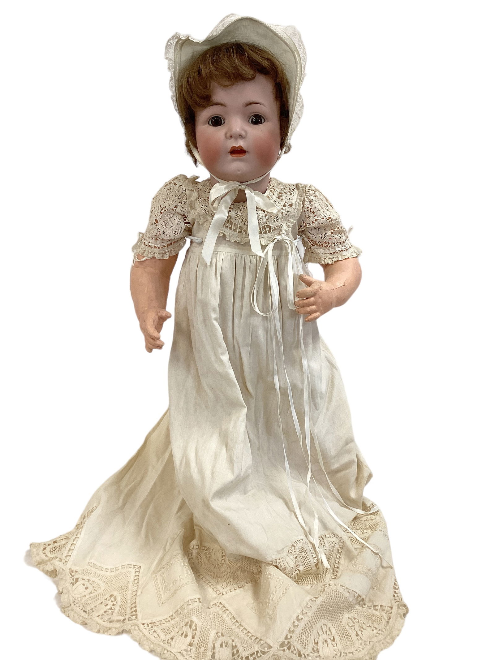 Simon & Halbig 1294 bisque socket head character baby.: Simon & Halbig 1294 bisque socket head character baby. 27" doll with replaced wig, glass eyes have been set, open mouth with teeth, on five-piece composition bent limb baby body, dressed in an antique