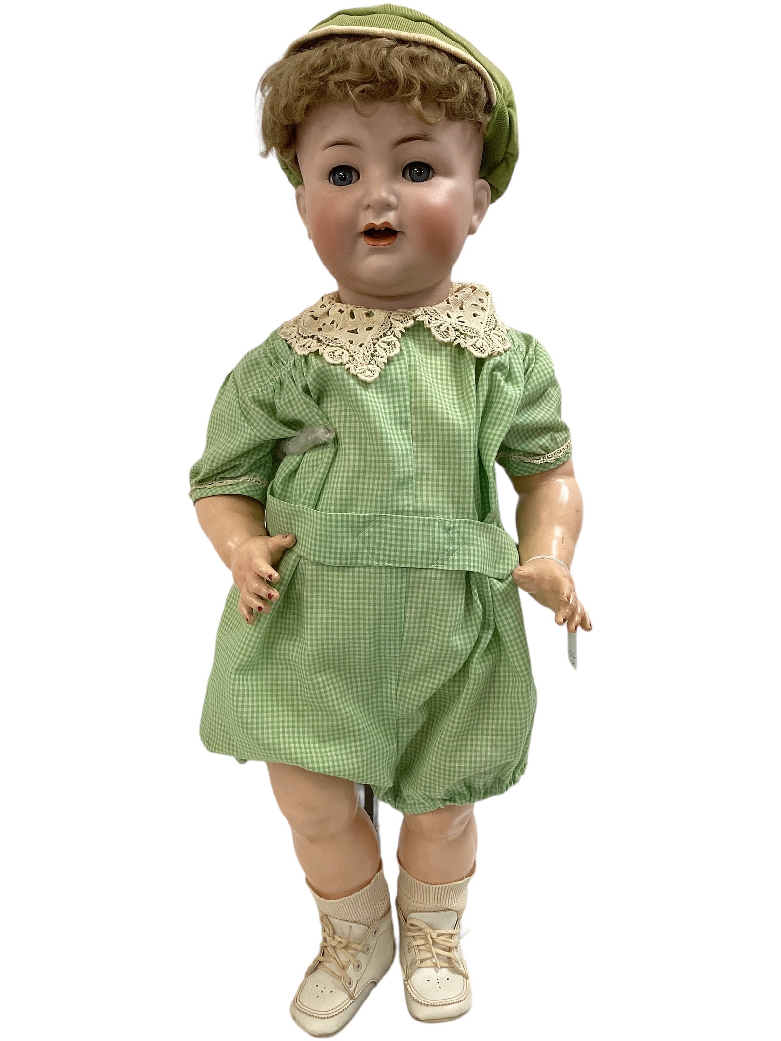 K&R Simon & Halbig 126 bisque socket head toddler.: K&R Simon & Halbig 126 bisque socket head toddler. 27" doll with mohair wig, glass flirty eyes, open mouth with teeth, on five-piece composition toddler body. Bisque is free of damage, some repaint to