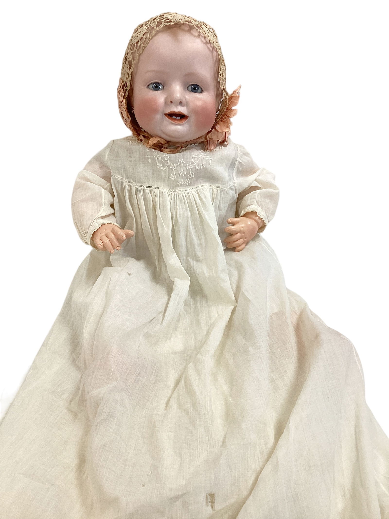 Georgene Averill bisque flange head "Bonnie Babe".: Georgene Averill bisque flange head "Bonnie Babe". 22" character baby with solid dome head marked 1005/3652 (mold number covered by fabric), painted hair, glass sleep eyes, open mouth with two lower t