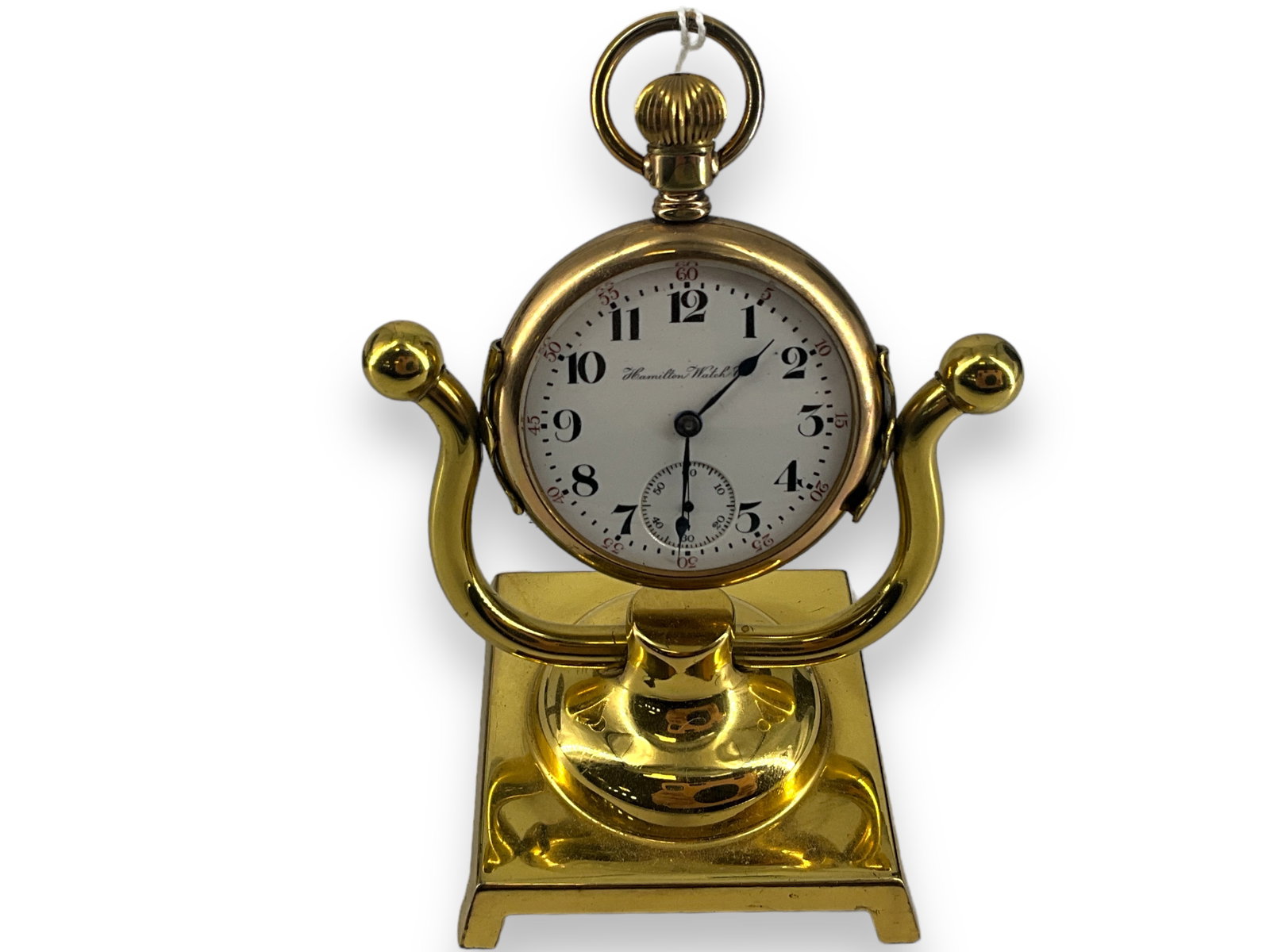 Hamilton Pocket Watch on Stand: Hamilton Pocket Watch on Stand Winds, sets and runs at time of listing. Movement numbered 556258, grade 924, model 1, circa 1907, size 18s, 17-jewels, open face movement configuration, lever set, full