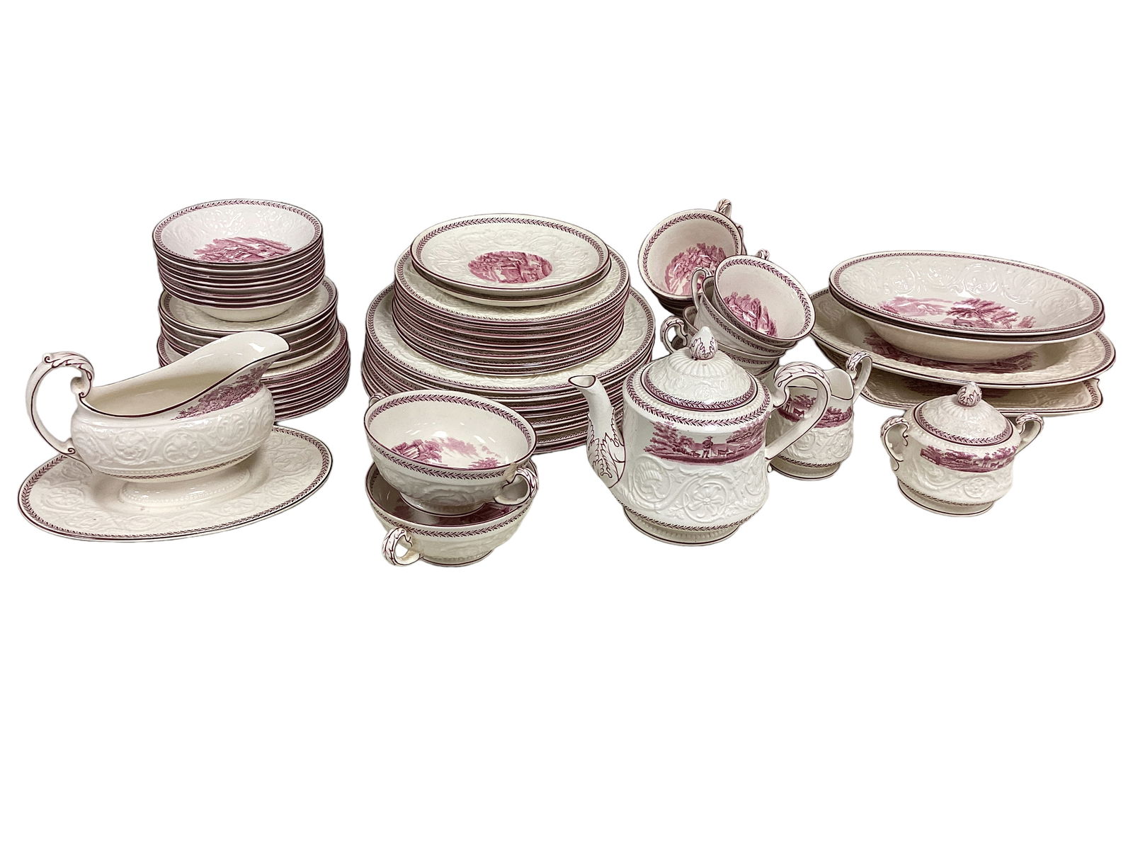 Wedgwood Patrician, Paignton: Wedgwood Patrician, Paignton(57) Pieces. Pattern AM 7866. Pieces consist of: (8) 10" dinner plates; one has small chip, (8) 8-1/4" plates, (2) 7" plates, (8) 6-1/2" plates, (5) 6" saucers, (8) 5-1/2"