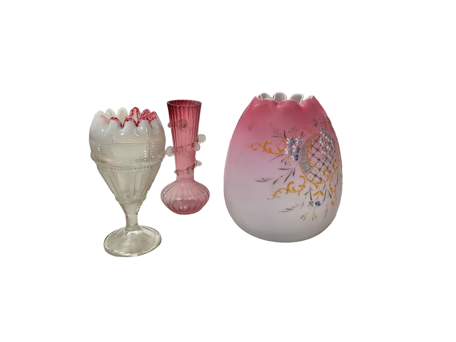 Lot of Glass Vases: Lot of Glass Vases8" T vase hand painted marked on bottom 47/ 45.7" 7 Cranberry vase, possibly Thomas Webb, vintage flute and bar and bead vase glass. 7" T.