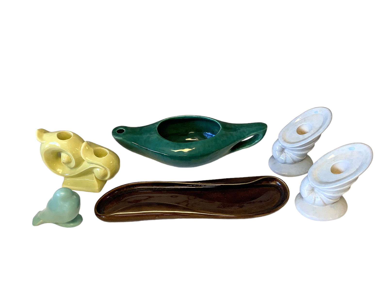 Vintage U.S.A. Pottery Collection: Vintage U.S.A. Pottery CollectionLot of (6). Russel Wright and Gonder Pottery Pieces vary from 3" Blue Bird to 13" Celery Dish.Very minor nick on yellow candle holder.