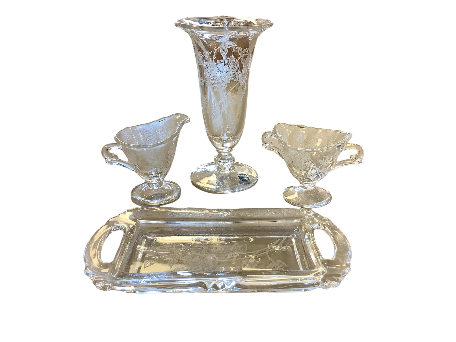 Heisey (4) Piece Lot of Rose Etched Items: Heisey (4) Piece Lot of Rose Etched Items #1509 Queen Ann 8" condiment tray #1519 Waverly individual cream and sugar #1519 Waverly 7" footed vase original paper label