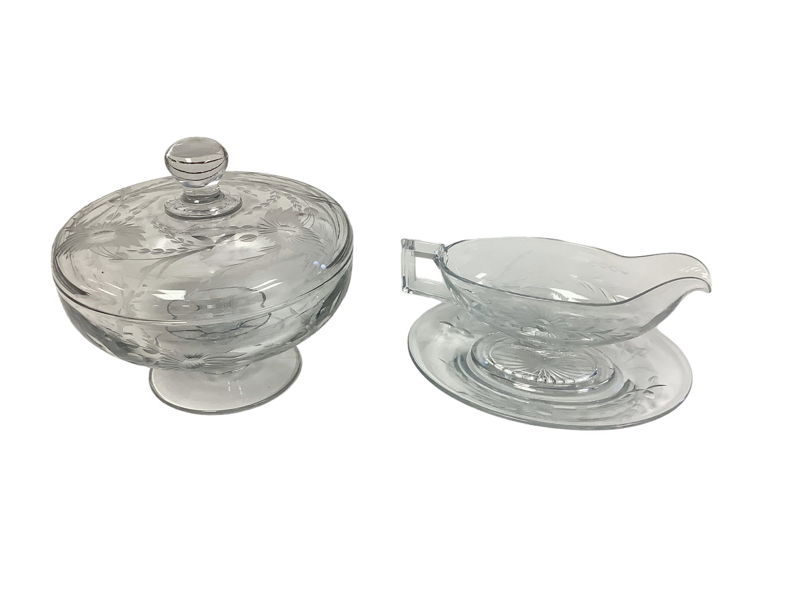 Heisey Lot of (3) Pieces with Cloister Cutting: Heisey Lot of (3) Pieces with Cloister Cutting #1185 Yeoman 6.35" footed covered bowl with #693 cloister cutting H #1184 Yeoman French dressing boat H 6" oval plate H, both with #693 cloister cutting