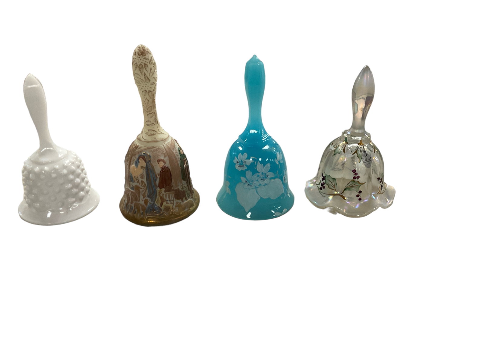 (4) Fenton Glass Bells: (4) Fenton Glass Bells (1) milk glass and (3) hand painted. Ranging from 5. 75" to 6.75" H.