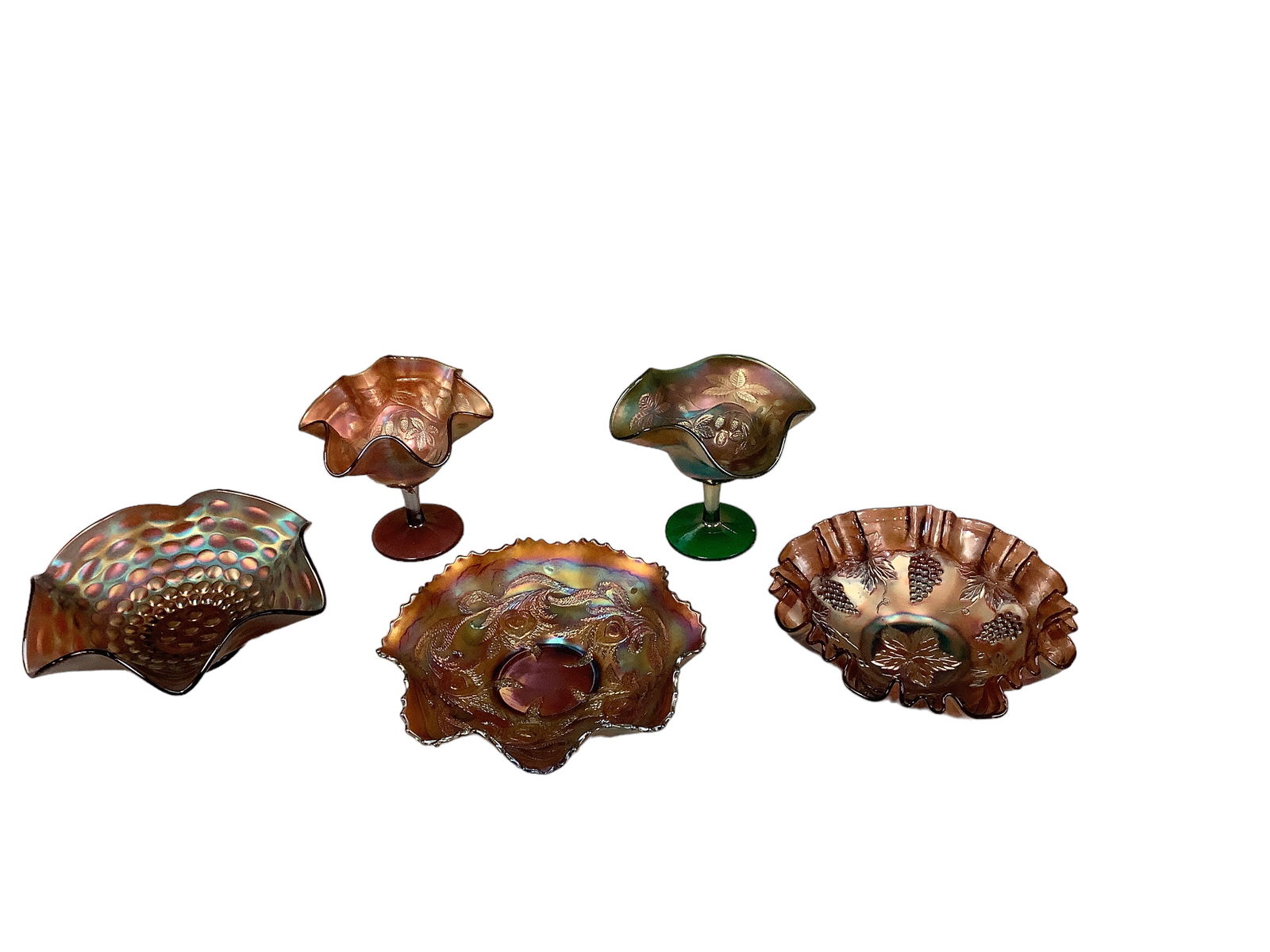 (5) Amethyst, Amber and Green Carnival Glass Pieces (1 of 4)