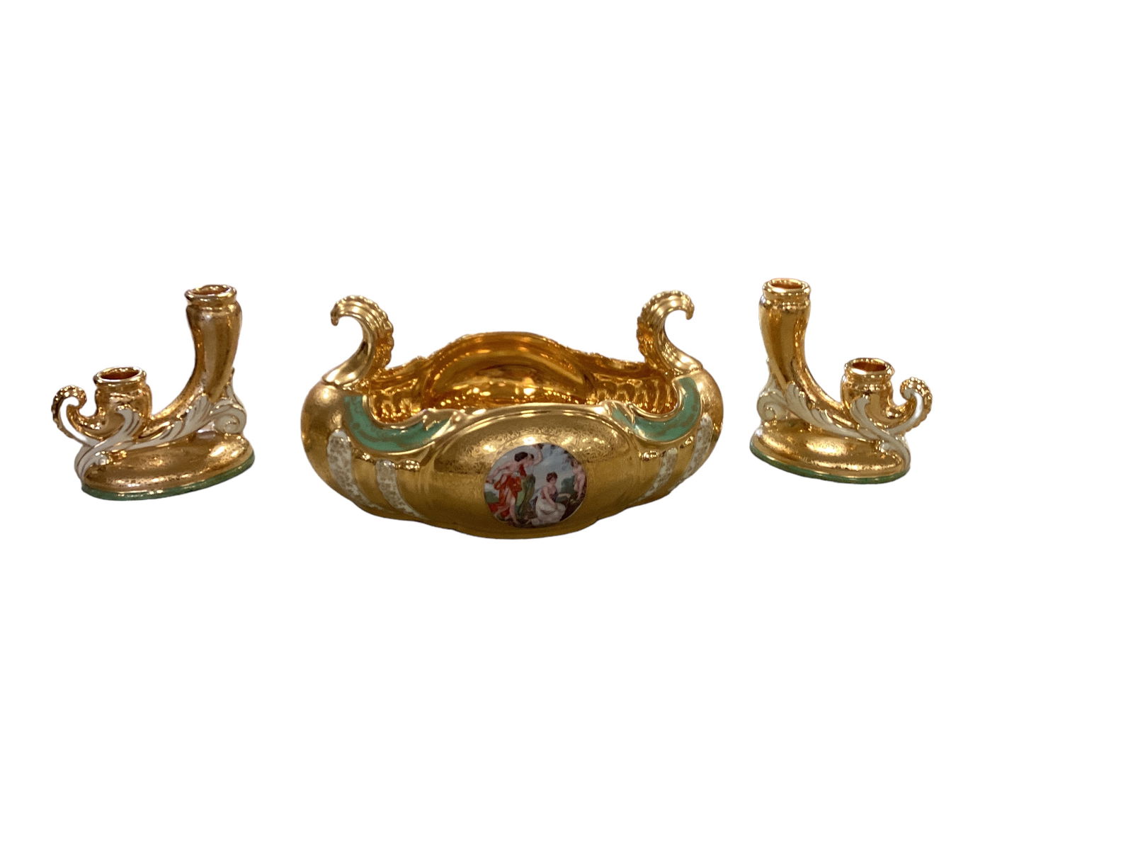 Lovely Gilded Gold Le Mieux China Gondola Bowl and Pair of Double Candlesticks (1 of 2)