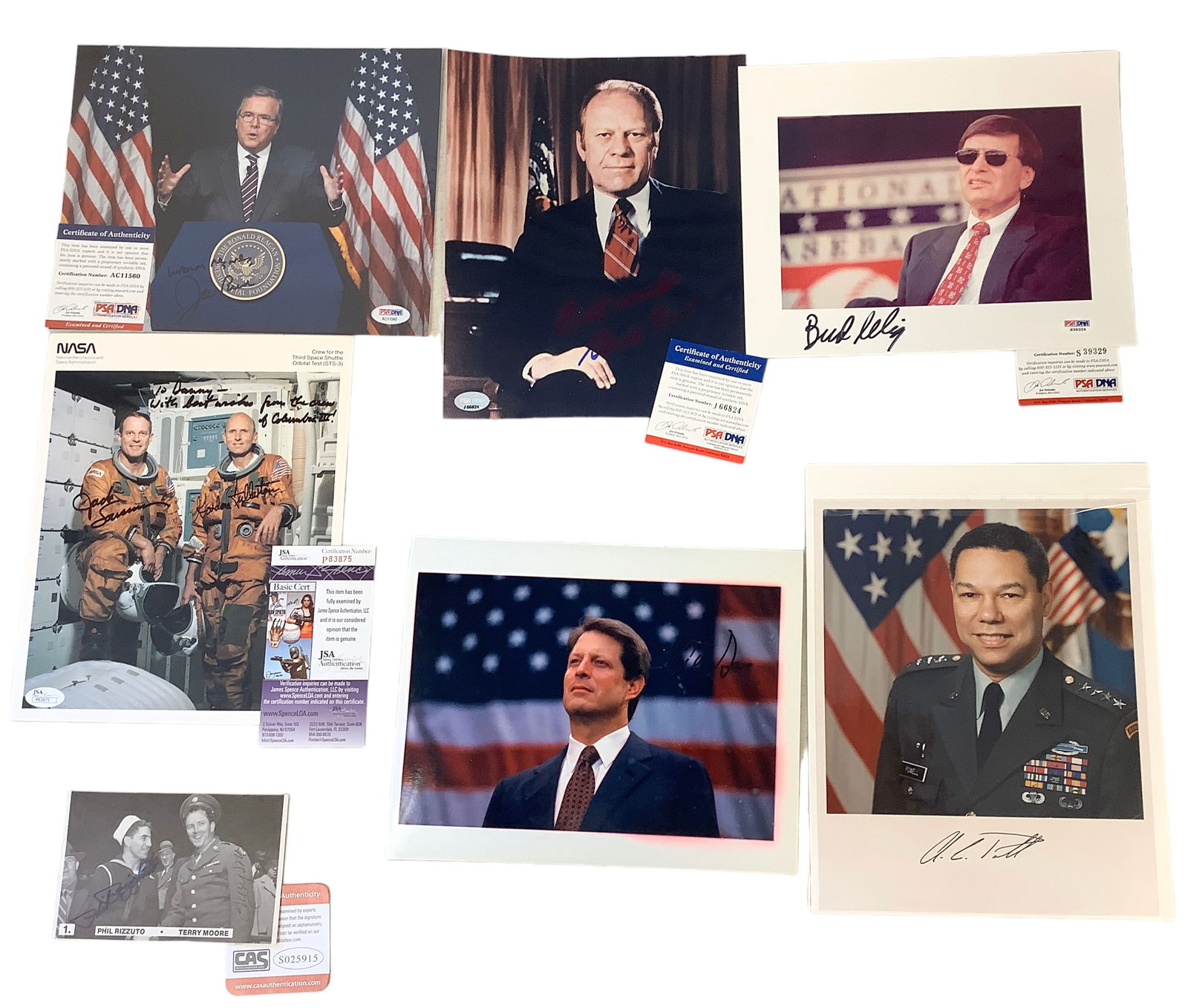 Autographed Photos: Autographed PhotosSigned and authenticated photographs of:Gerald Ford - PSA # J66824Jeb Bush - PSA # AC11560Columbia III Astronauts Jack Lousma and Gordon Fullerton - JSA # P83875Bud Selig - PSA # S39