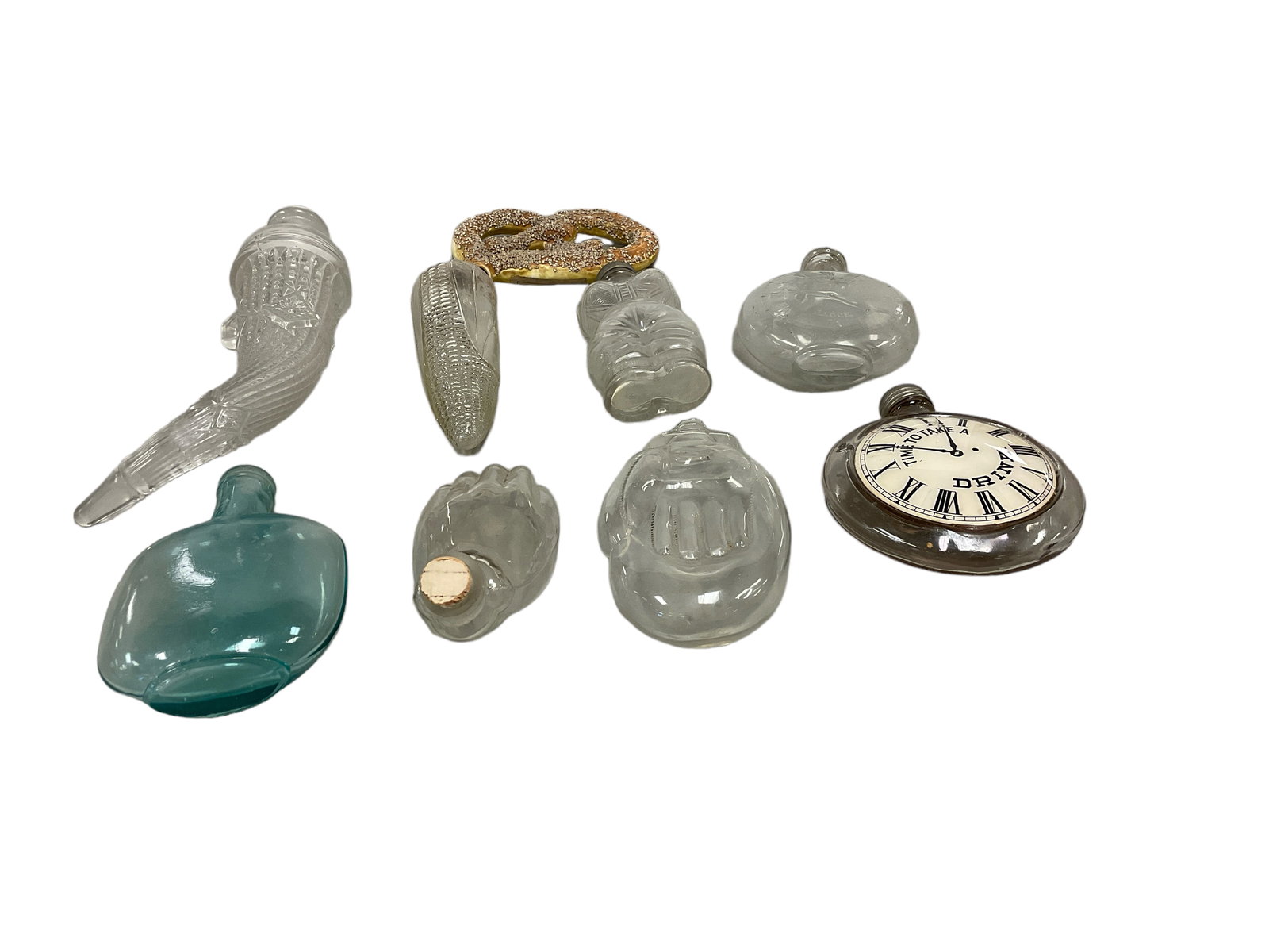 Collection of (9) Antique Glass Flasks: Collection of (9) Antique Glass FlasksRanging from 5" to 9". Some chips. Mitt has no cap.