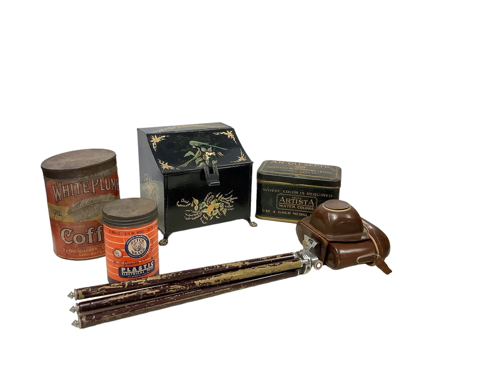 Antique Product Cans, Box: Antique Product Cans, BoxVarious antique items included in lot. White Plume Steel Cut Coffee Can. Johns- Manville Plastic Electrical Tape can. An-Du-Septic, Water Color tin box.