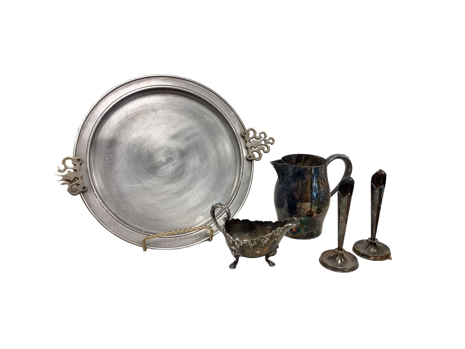 Antique Silver Pitcher, Tray, Gravy Boat, and Candlesticks (1 of 2)