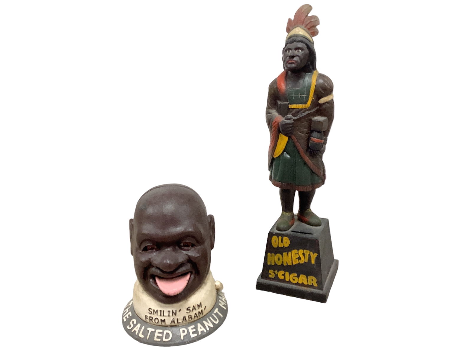 Cast Iron Banks: Cast Iron BanksSmiling Sam mechanical cast iron bank, tongue and eyes move; American Indian cast iron bank.