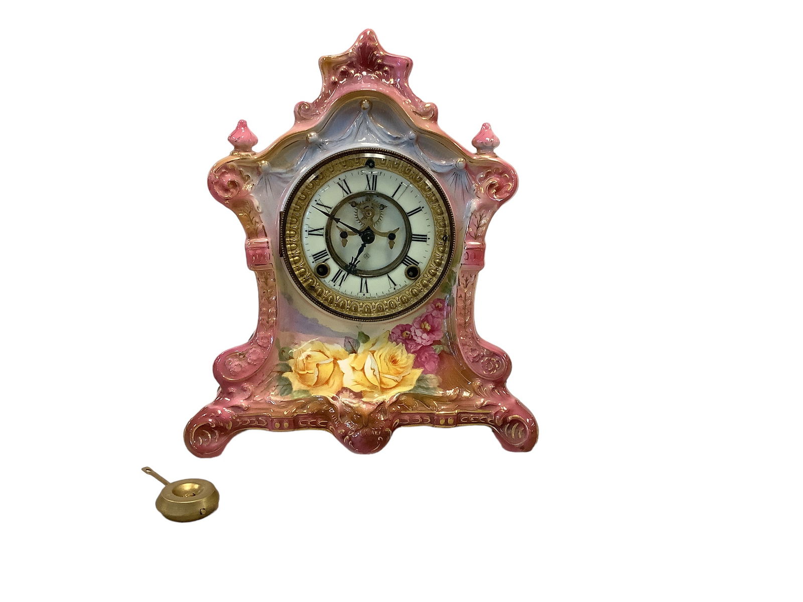 Antique Royal Bonn Pink Floral Porcelain Mantel Clock, Ansonia Clock (1 of 5)