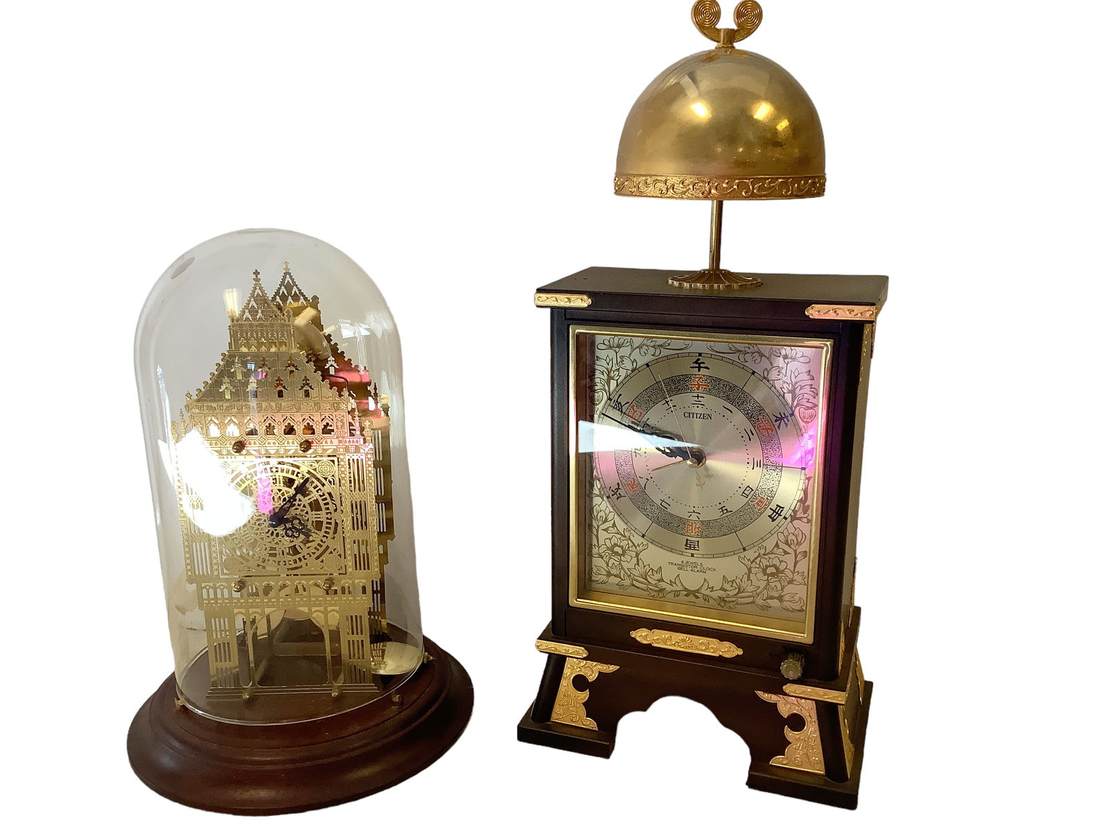 Set of Clocks: Set of ClocksBig Ben HERMLE Skeleton Clock Under Glass Dome from Germany, in excellent condition.The skeleton face and back are in brilliant condition with no tarnishing, winding key included. Tagged