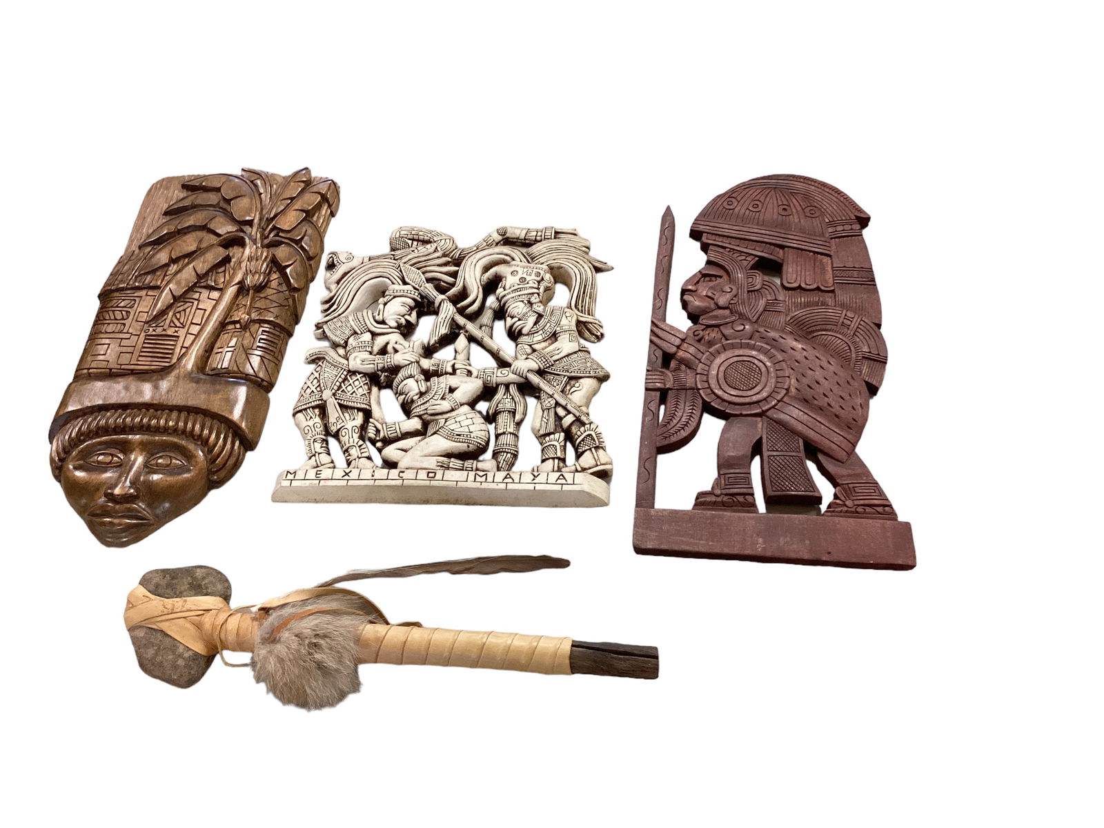 Mayan and Polynesian Carved Wall Decor Plus Reproduction American Indian Tomahawk (1 of 1)
