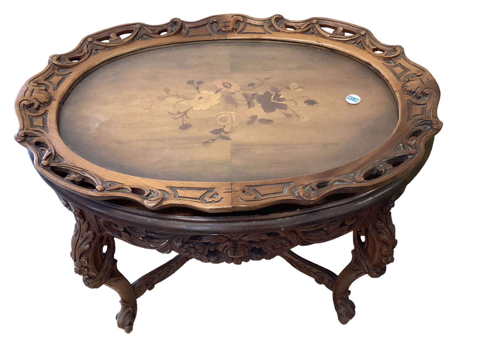 Ornately Carved Side Table with Inlaid Flowers & Removable Glass Tray 21" H x 28 1/2" W x 21" D (1 of 3)