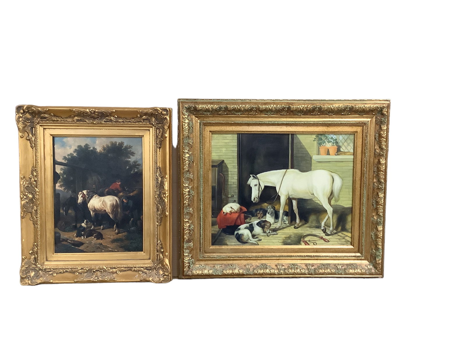Framed Scenes with Horses and Dogs, Enhanced Oil on Board (1 of 1)
