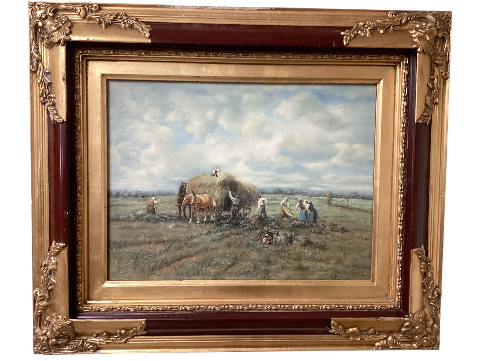 Oil on Wood Hay Gathering Scene 24" W x 20" H (1 of 1)