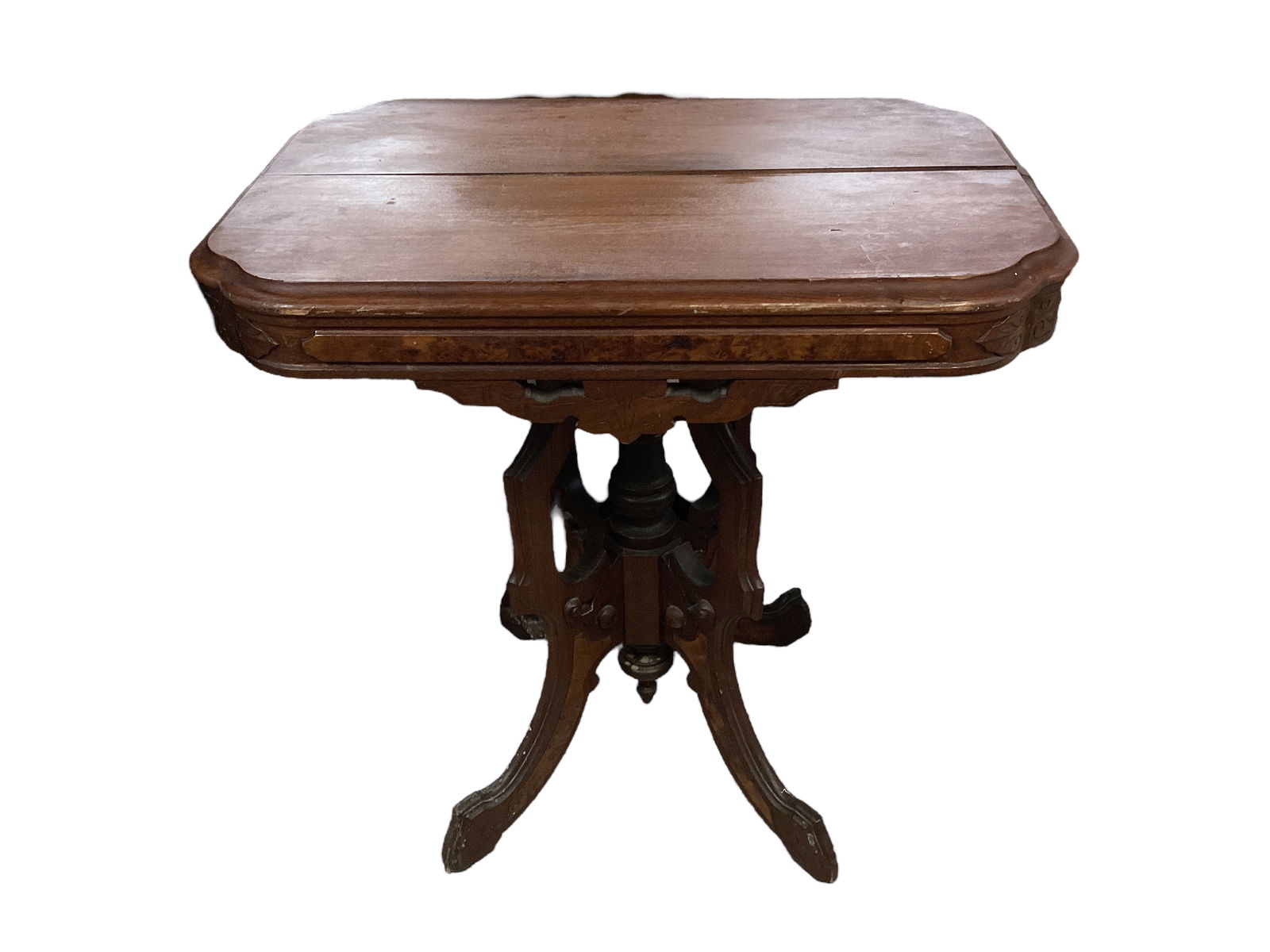 Mahogany Eastlake Style Side Table 29" H x 28 1/2" W x 19 1/2" D: Mahogany Eastlake Style Side TableThere is a moving sticker on the side. One end is missing a carved decoration, see photos.29" H x 28 1/2" W x 19 1/2" D