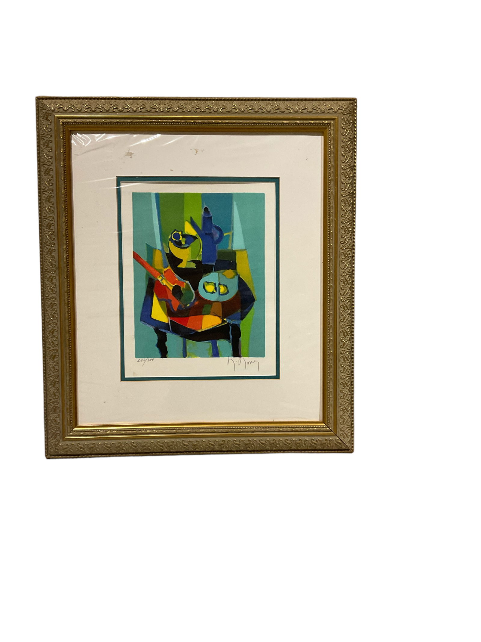 Marcel Mouly, Guitare et Cafe Bleue, Lithograph, 21 1/2 x 18 1/2 in. (54.6 x 47 cm.): Marcel MoulyGuitare et Cafe BleueLithographSigned in pencil lower right. From an edition of 300. No glass in frame. Plastic over print has not been removed. Smudge below numbers may be on print21 1/2
