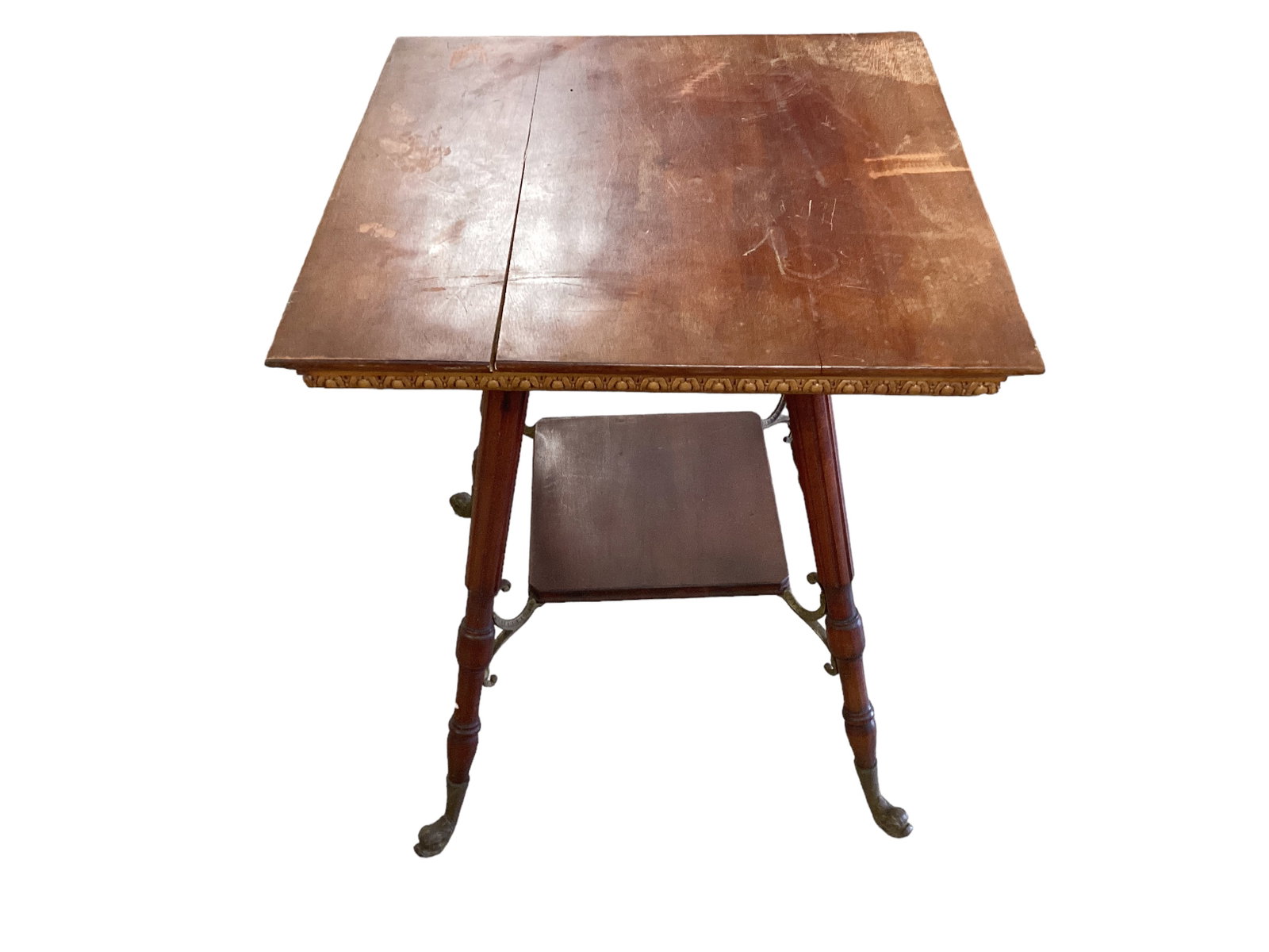 Side Table with Brass Dolphin / Georgian Fire Dog Feet 29 1/2" H x 24" x 24": Side Table with Brass Dolphin / Georgian Fire Dog Feet The shelf supports are brass. 29 1/2" H x 24" x 24"