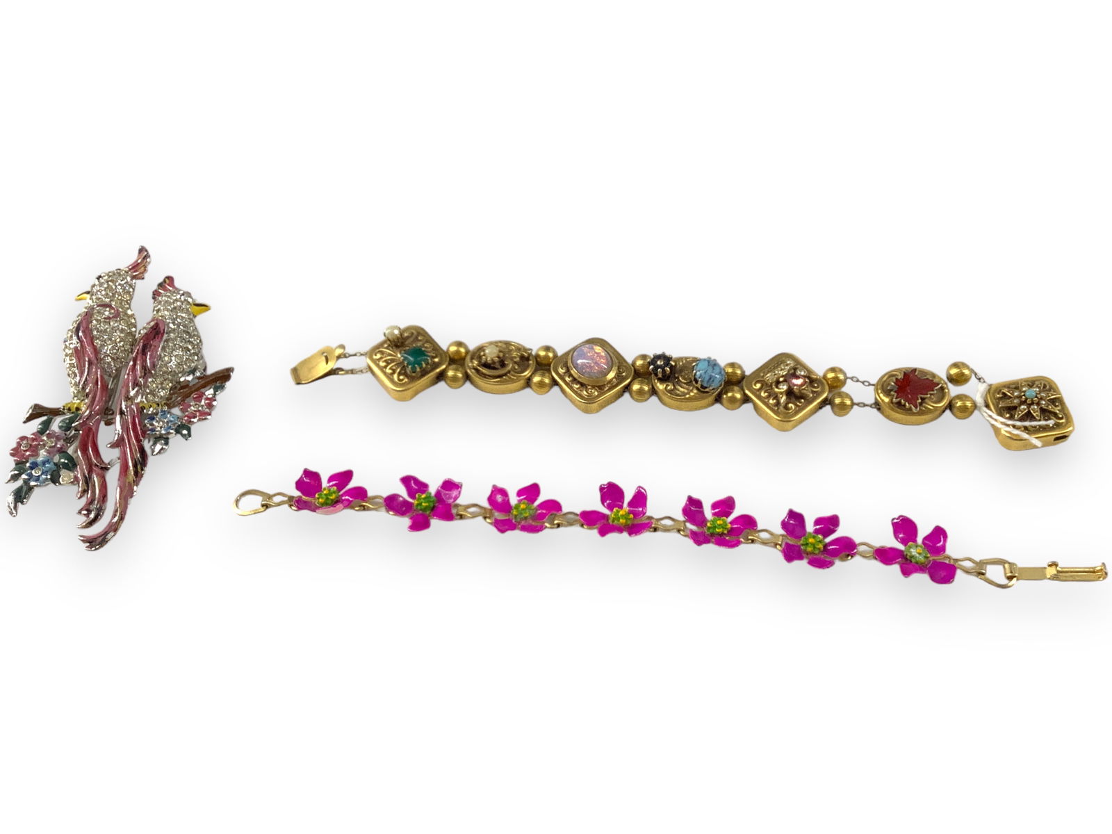 Coro "Duette" Pink Bird Brooch, Two Lovely Fashion Bracelets (1 of 10)