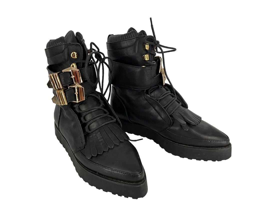 Alexander Wang Boots: Alexander Wang BootsBlack pointed toe boots with ornate lace up/ buckle design and fringe near the end of lace up, size 35 yellow, likely size 4.5 U.S, appears to run a bit large, gently used, no scuf