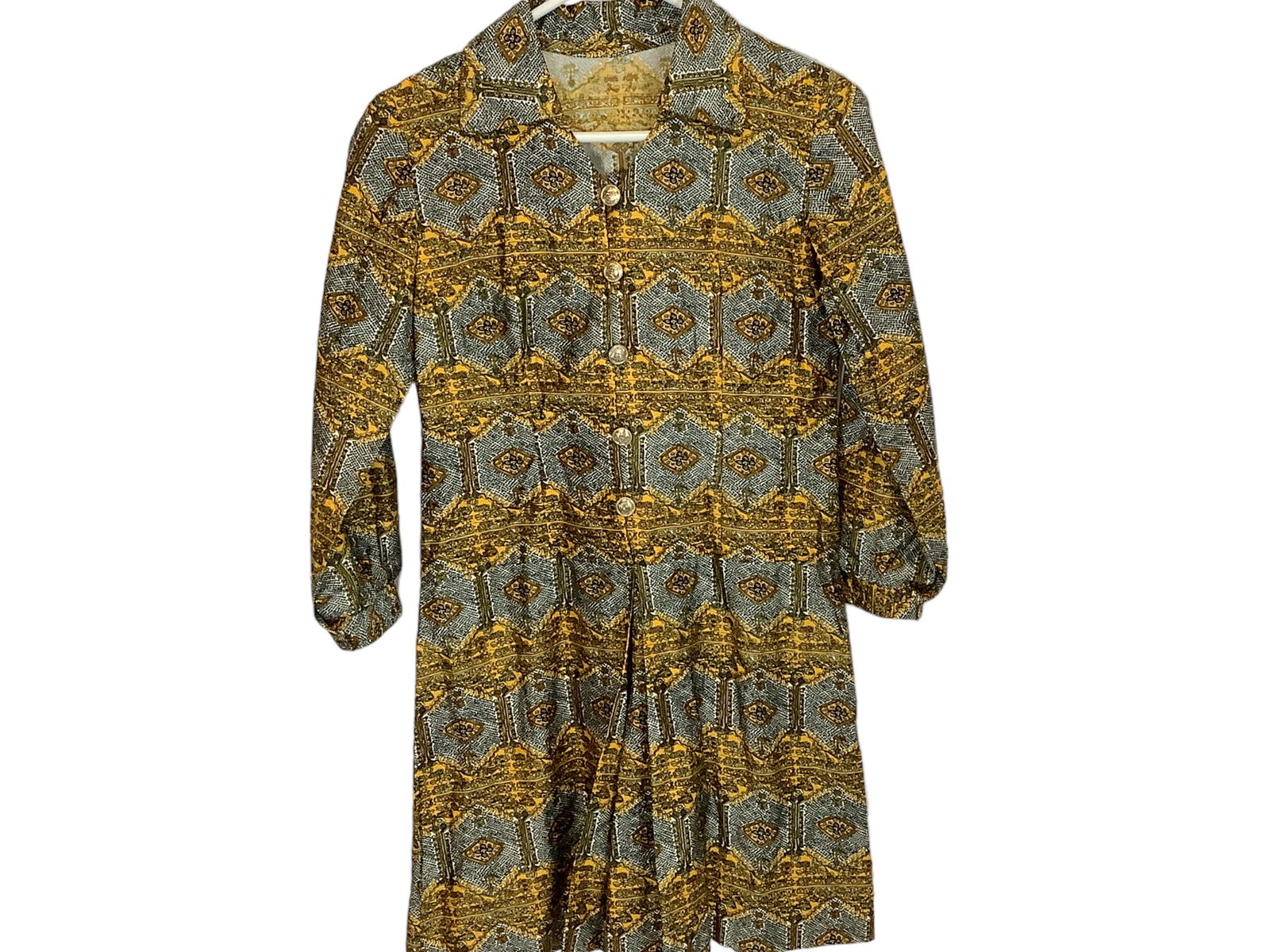 Mini Length Button Up Dress: Mini Length Button Up DressLikely size M/L, with regal design, gold tone buttons, unknown maker.