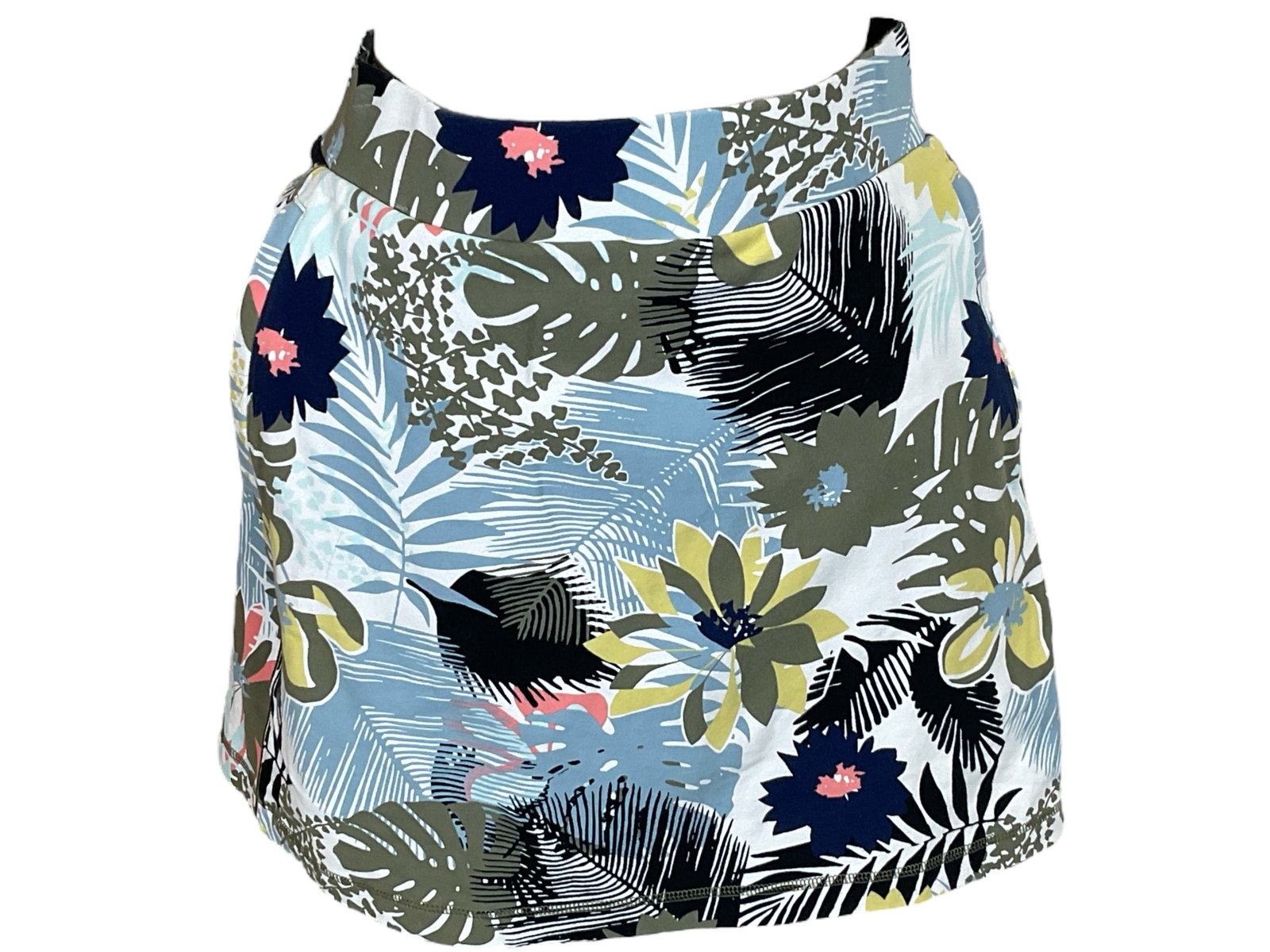 Floral Cotton Skort: Floral Cotton Skort Floral cotton skort by Talbots. Mini skort with zipper pockets. White in color with shades of blue, olive green, yellow, and coral floral design. Size Mp, made in Vietnam. Great fo