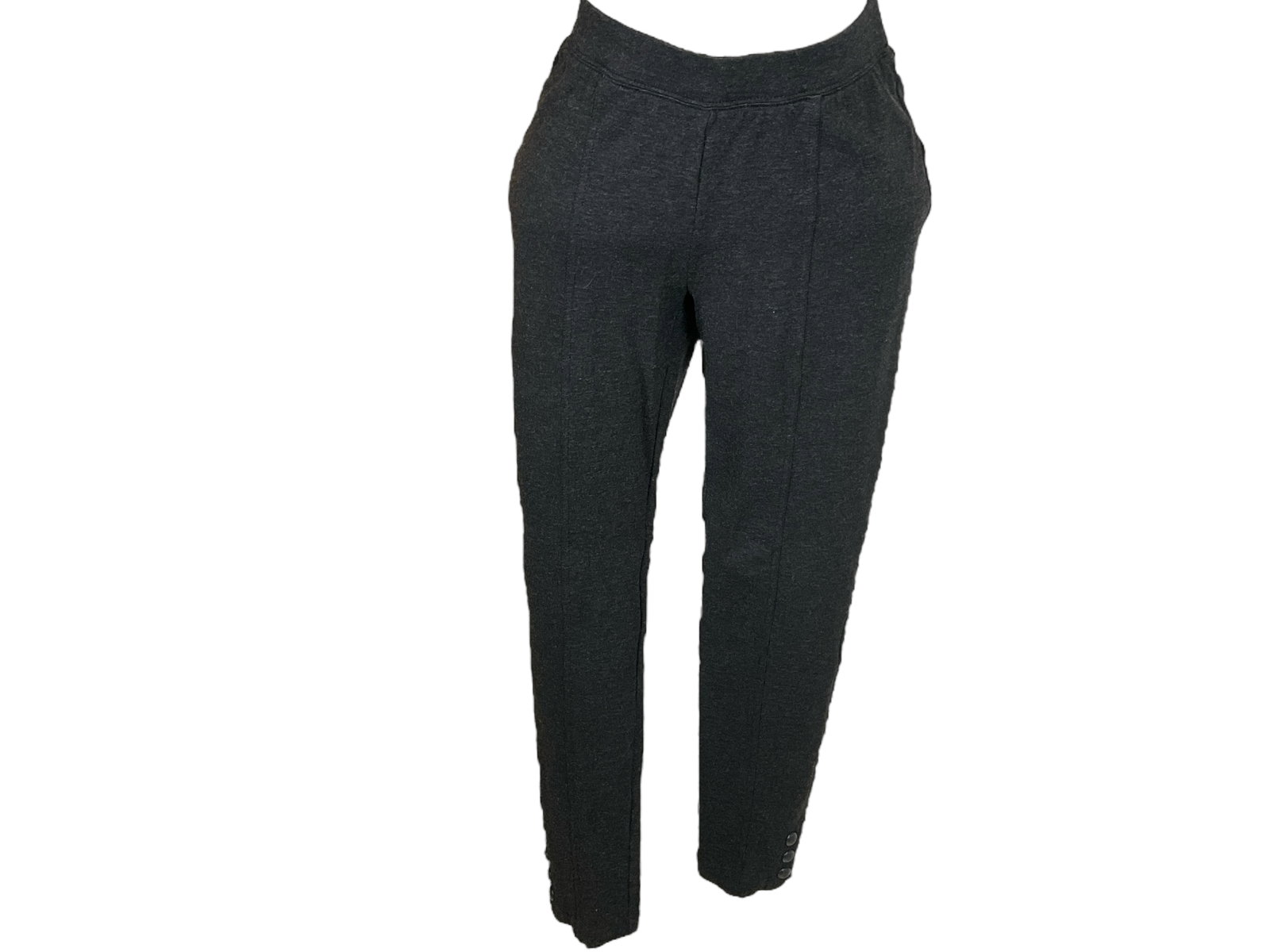 Charcoal Dress Leggings: Charcoal Dress Leggings Charcoal dress leggings by Talbots. Skinny ankle leggings with crested snaps on the hem. Size S, made in Indonesia. Would pair well with an oversized blouse and a dark heel.
