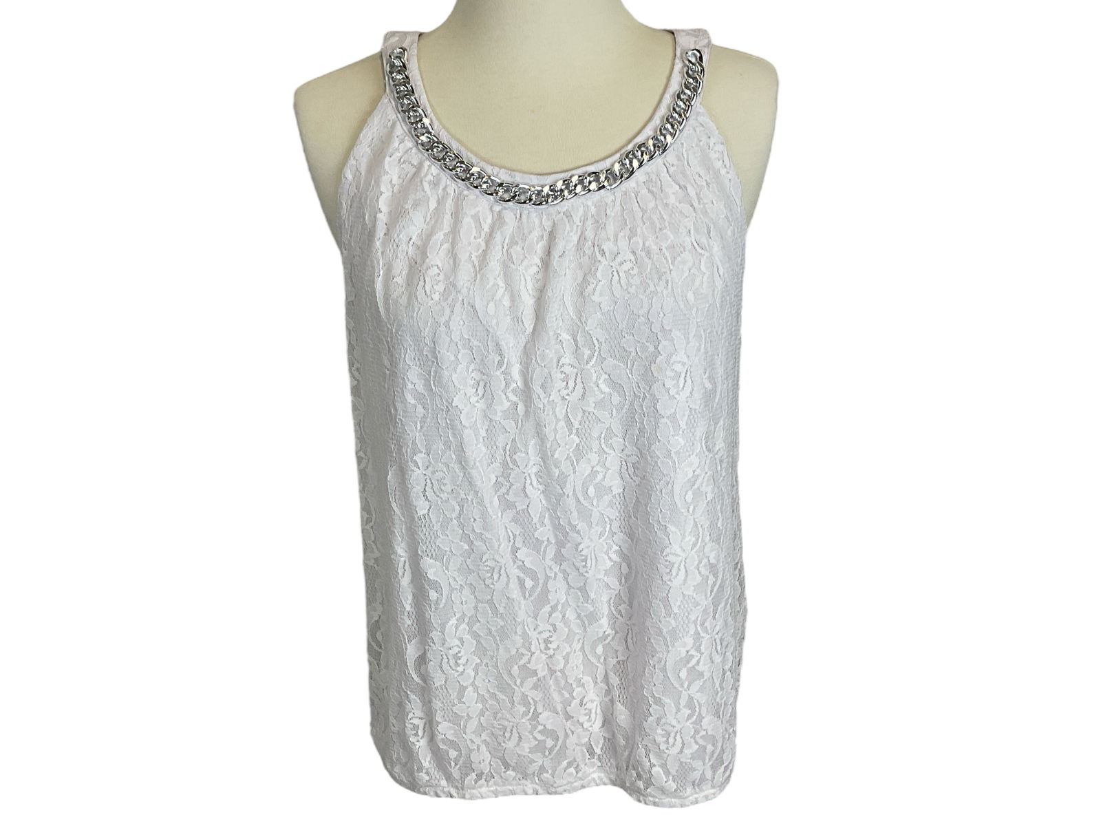 Lace Chain Collar Tank Top: Lace Chain Collar Tank TopLace tank top with chain collar by Style&Co. White halter top with elastic hem. Size L, made in china. Great for a bridal shower or a night out with the girls.