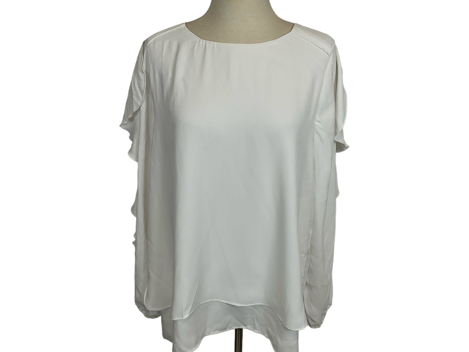 White Blouse: White BlouseWhite blouse by Love Scarlett with tapered sleeves. Size L, made in China, 100% polyester. Includes original tags. Machine wash cold on gentle cycle and tumble dry low. Great with a pair o