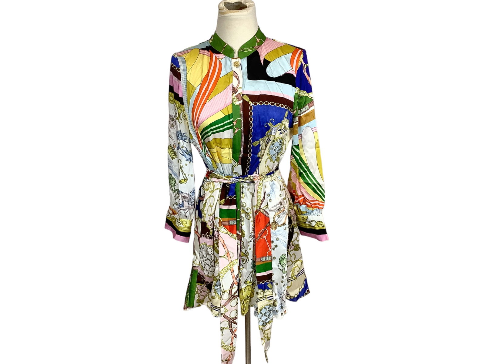 New Zara Dress: New Zara DressSize (S) vibrant design with a zodiac like print, button closure, tapered at the waist with a matching fabric belt, new with the original tag. Missing a button.