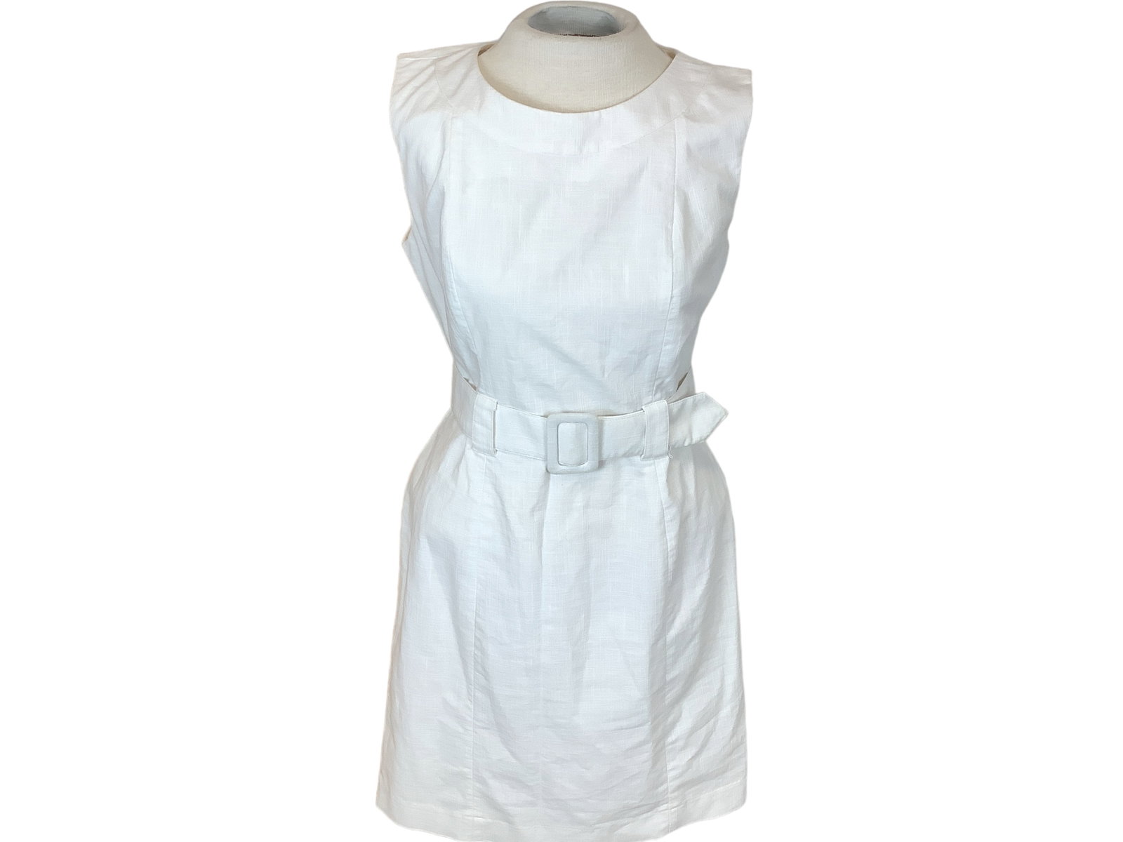 White Dress From Sharagano: White Dress From Sharagano Size (8P) flattering cut with a waist belt.