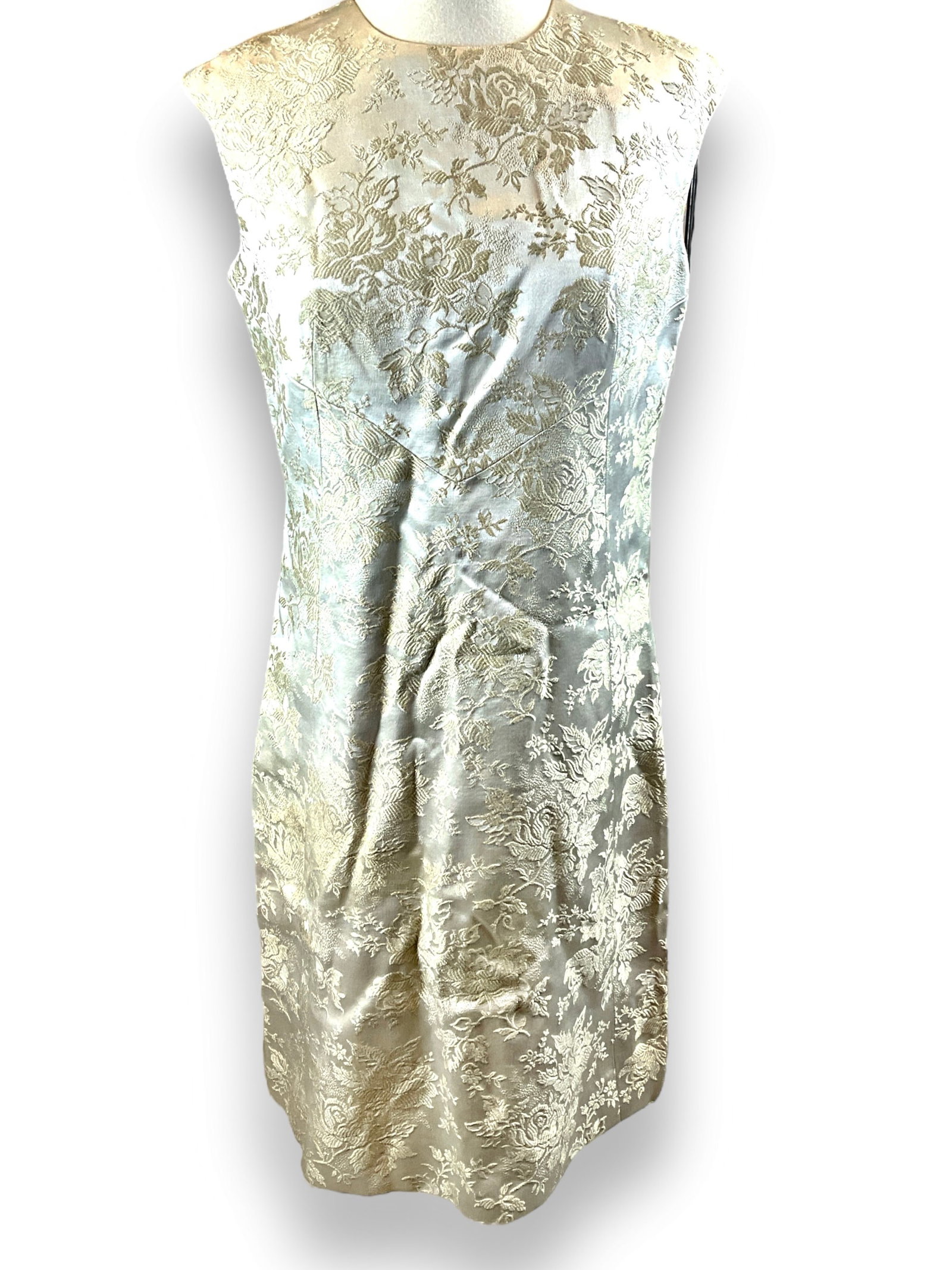 Vintage Asian Sleeveless Dress: Vintage Asian Sleeveless Dress Embroidered with design featuring a natural motif, off-white color, likely silk and rayon composition, no tags (unknown size and manufacturer). Good condition overall wi