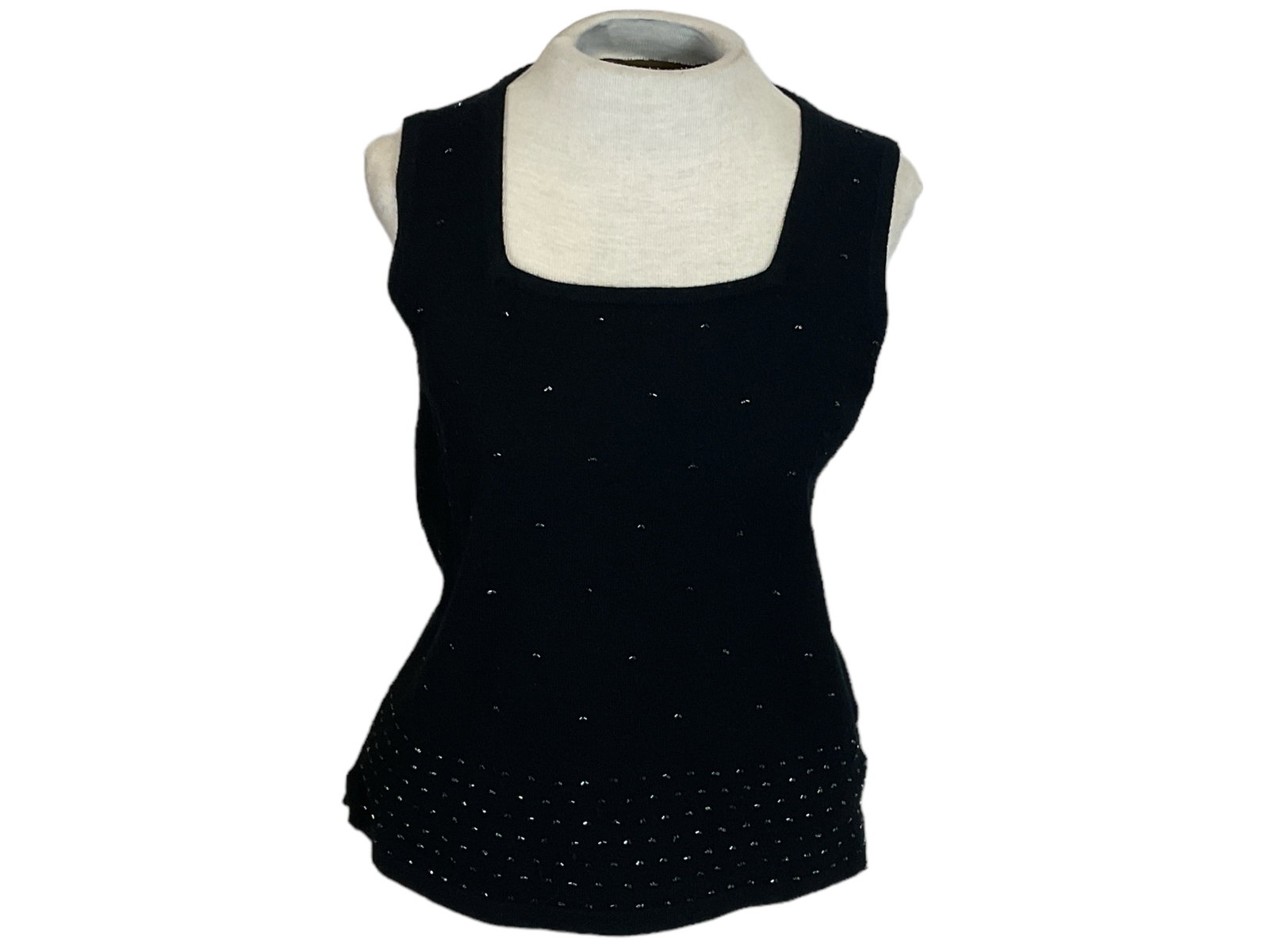 Sweater Dress Tank: Sweater Dress Tank Black square neck tank with beaded elements, by Liz Claiborne Sport. Size petite P (equivalent to PS), knitted in Taiwan and finished in China. Great for layering over a button down